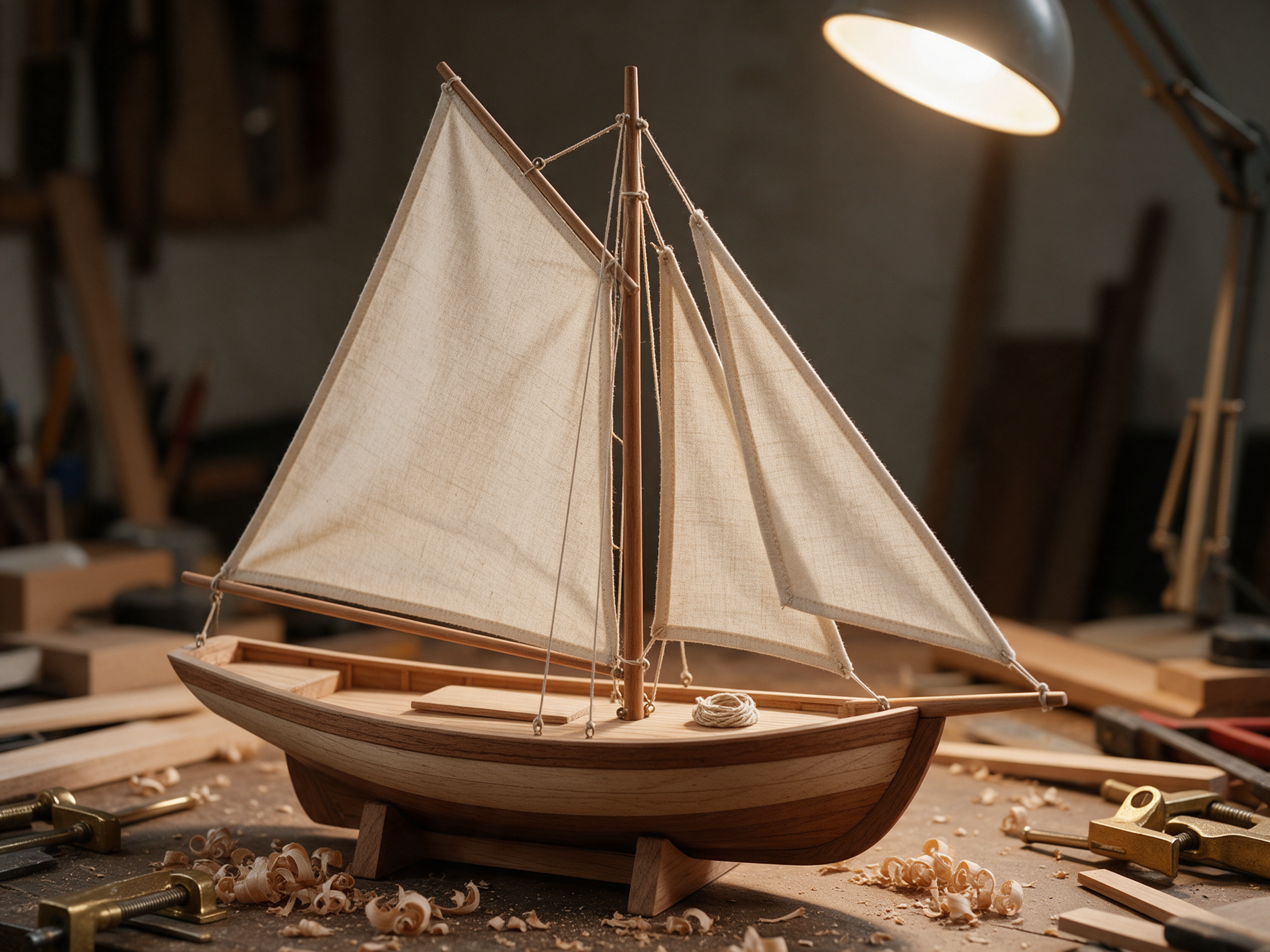 Seedream 5: the sailboat at a low angle with three sails under a lamp, shavings and brass clamps around it