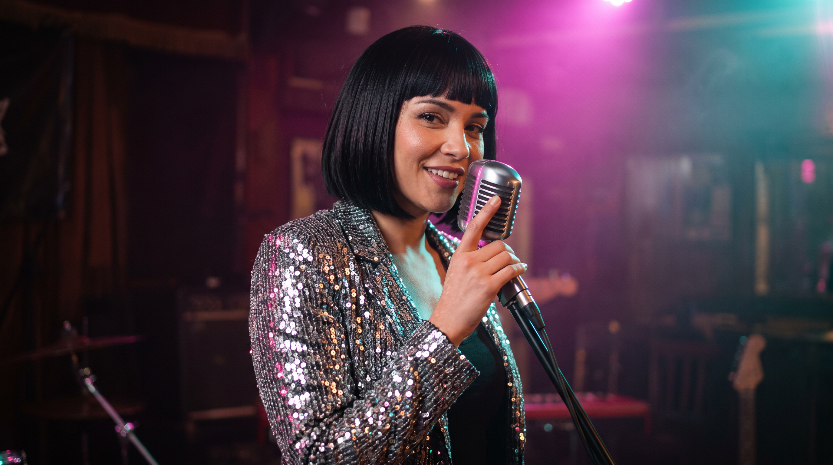 Step 1, Nano Banana 2.1: the singer with a black bob and silver sequined jacket at a vintage microphone on a small stage