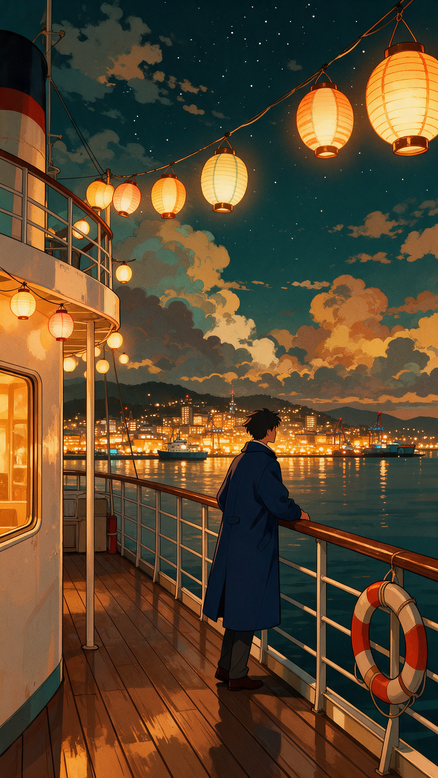 A man in a long navy coat leans on a ferry rail under paper lanterns, looking at a glowing harbor city at night