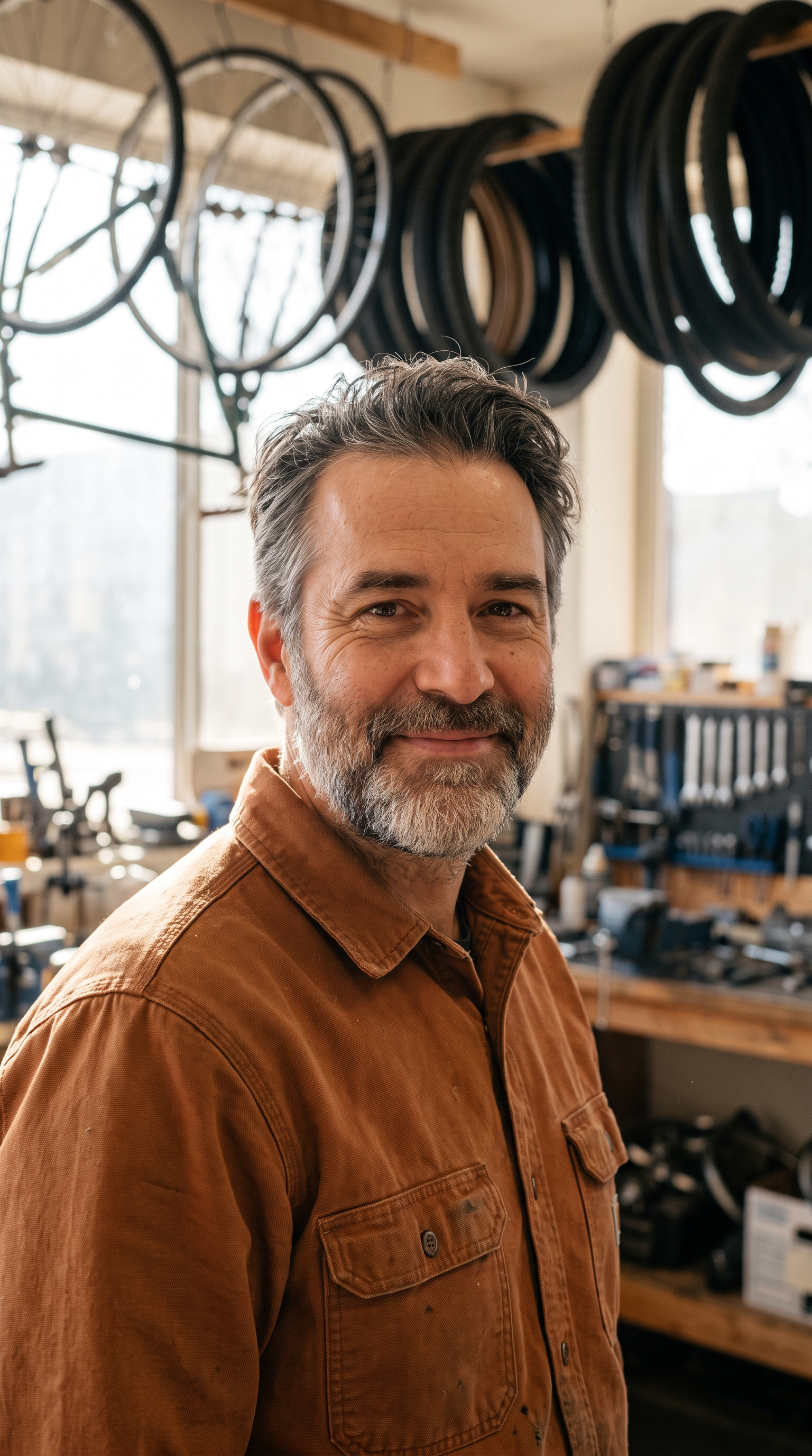 The source portrait: a bearded bike mechanic in a rust colored shirt in his repair shop