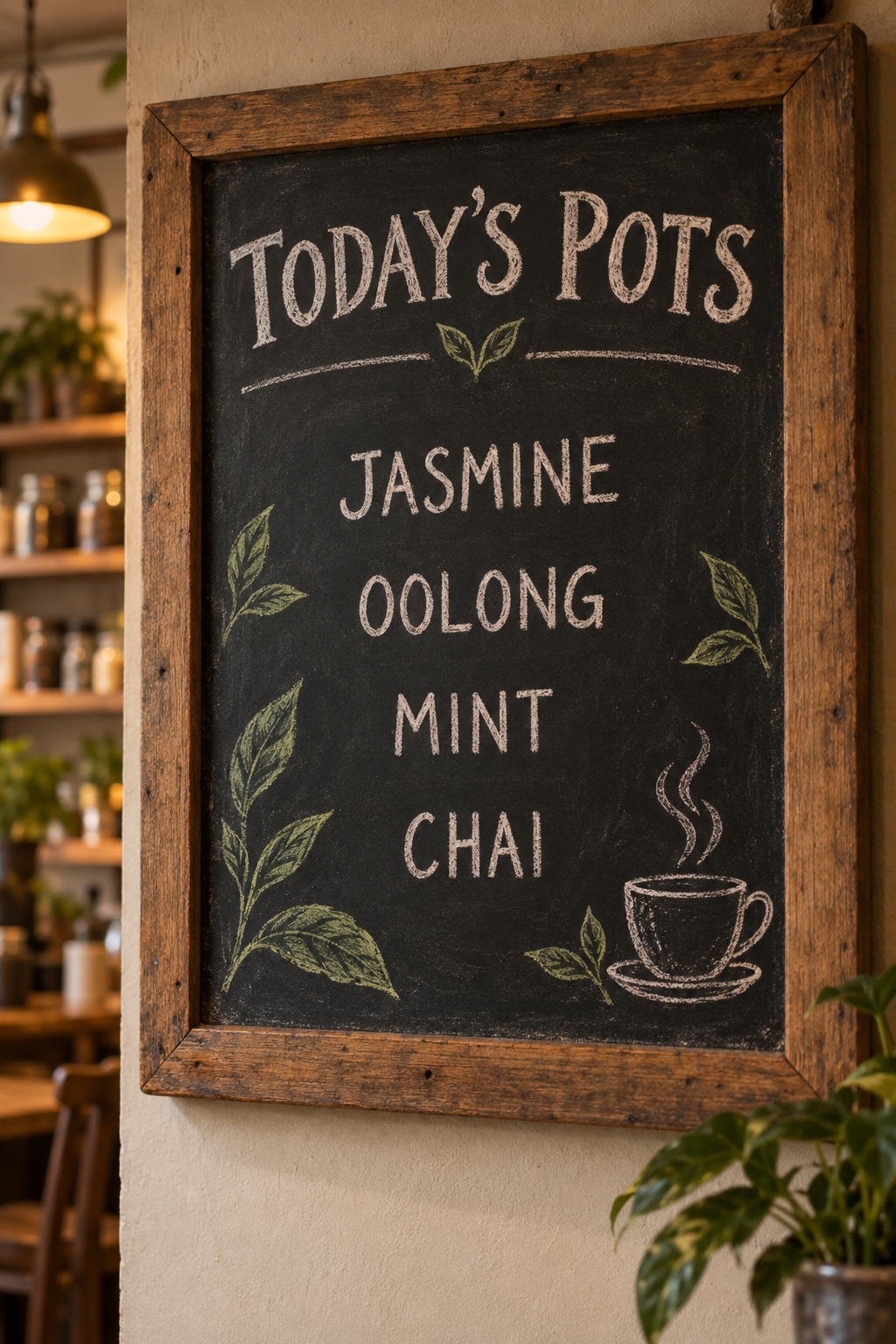 A chalkboard in a wooden frame reads TODAY'S POTS with JASMINE, OOLONG, MINT and CHAI and chalk tea leaves