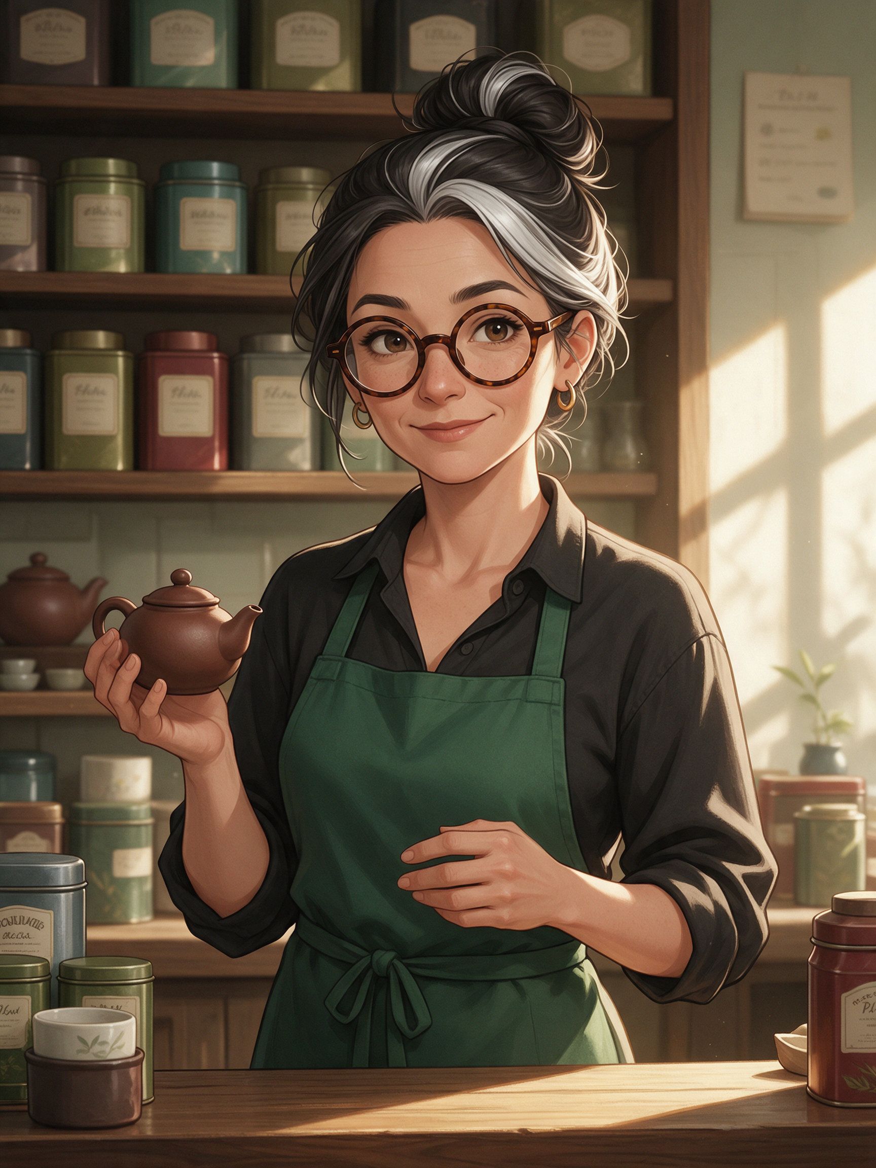 Seedream 5: the original character, a tea shop owner with round glasses, a silver streaked bun and a green apron holding a clay teapot