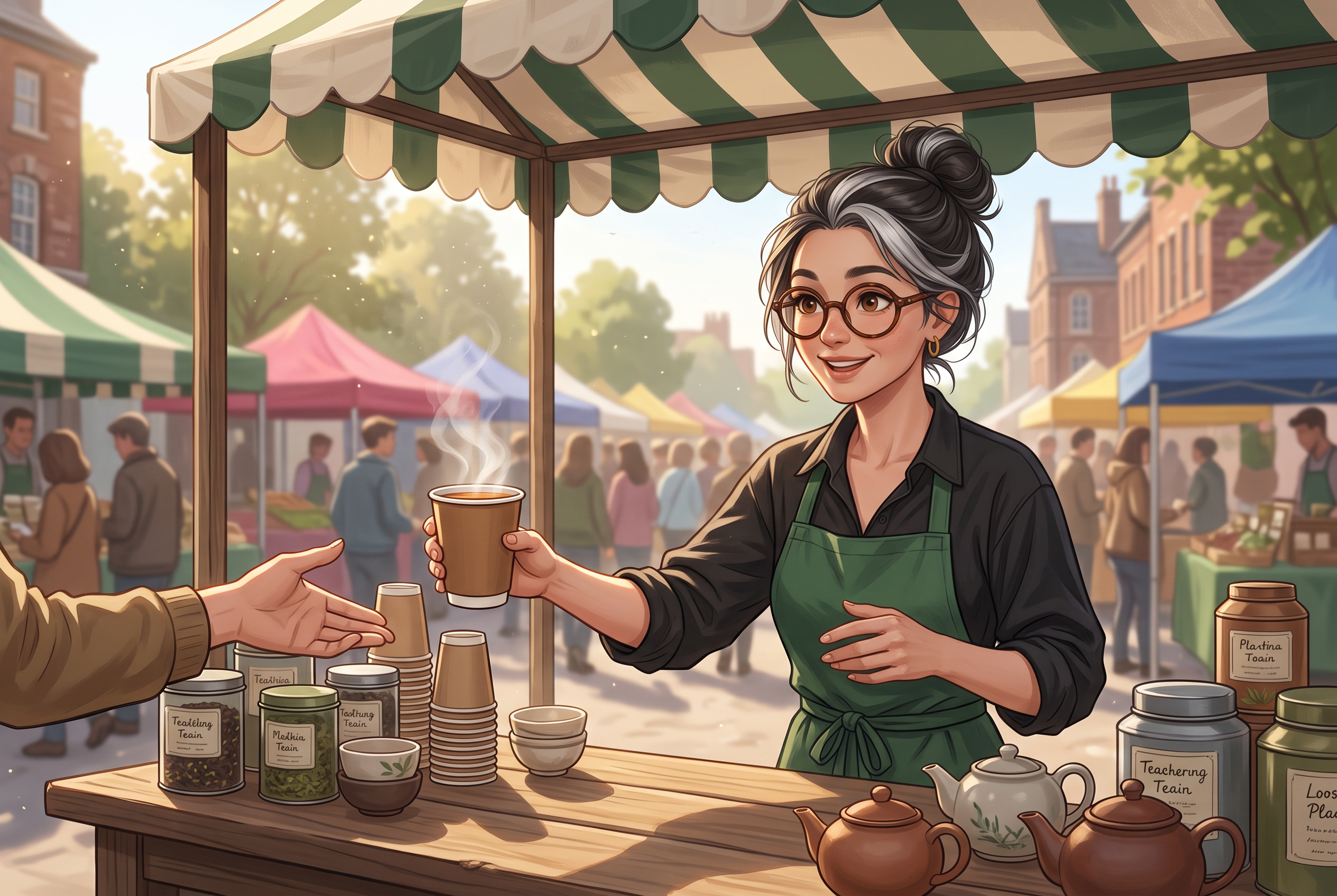 Nano Banana 2.1: the same woman hands a cup of tea across her stall at an outdoor market under a striped awning