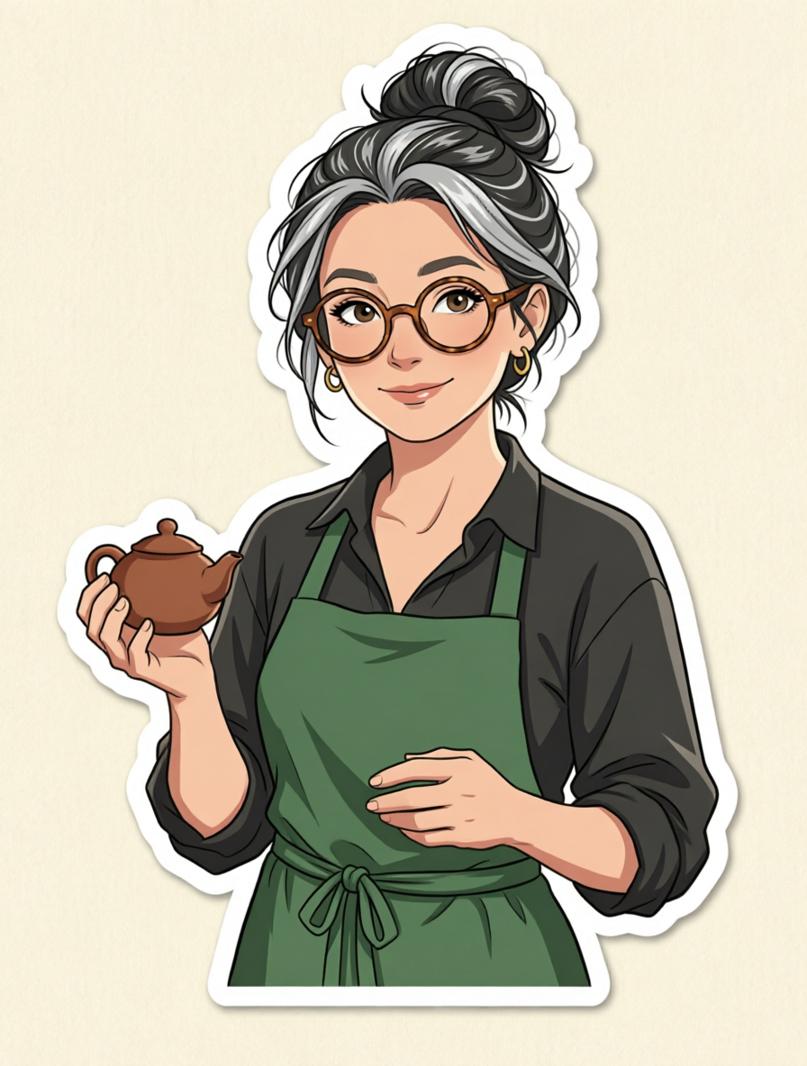 Qwen Image 2 Edit: the same woman as a die cut sticker with a white border, teapot in hand