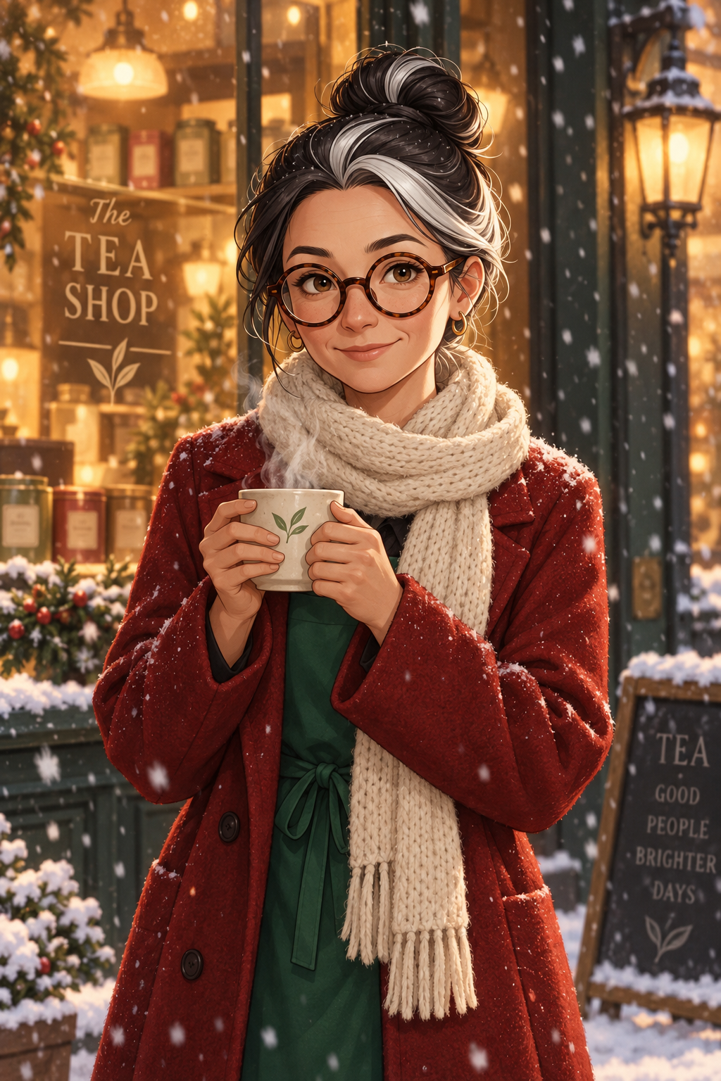 GPT Image 2.5: the same woman in a red wool coat and cream scarf holds a cup outside her shop in falling snow