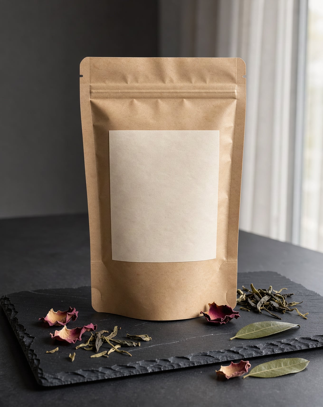 A kraft paper tea pouch with a blank cream label on a slate slab with rose petals and tea leaves