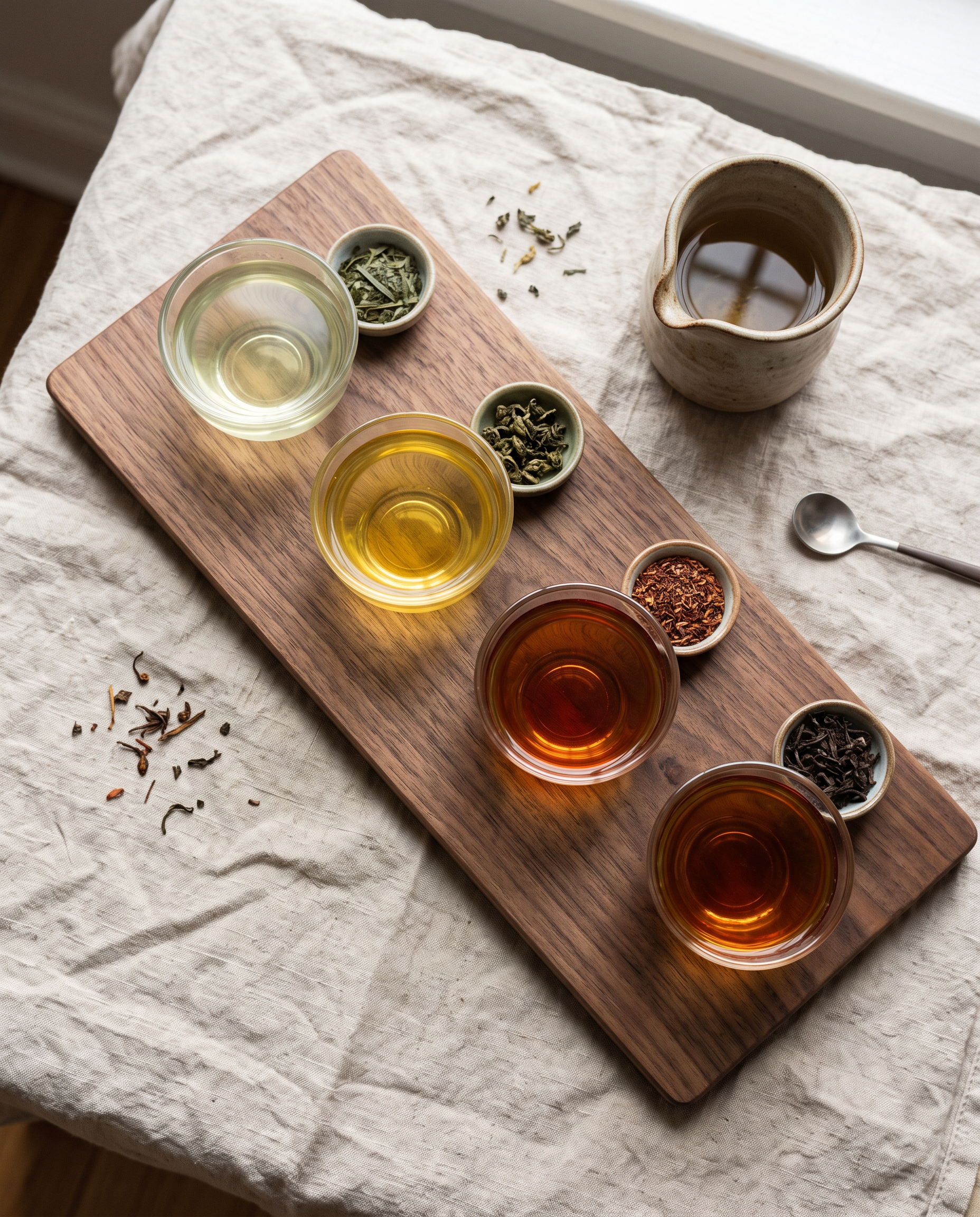 Four glass cups of tea from pale green to deep amber on a walnut board, each beside a small dish of loose leaves