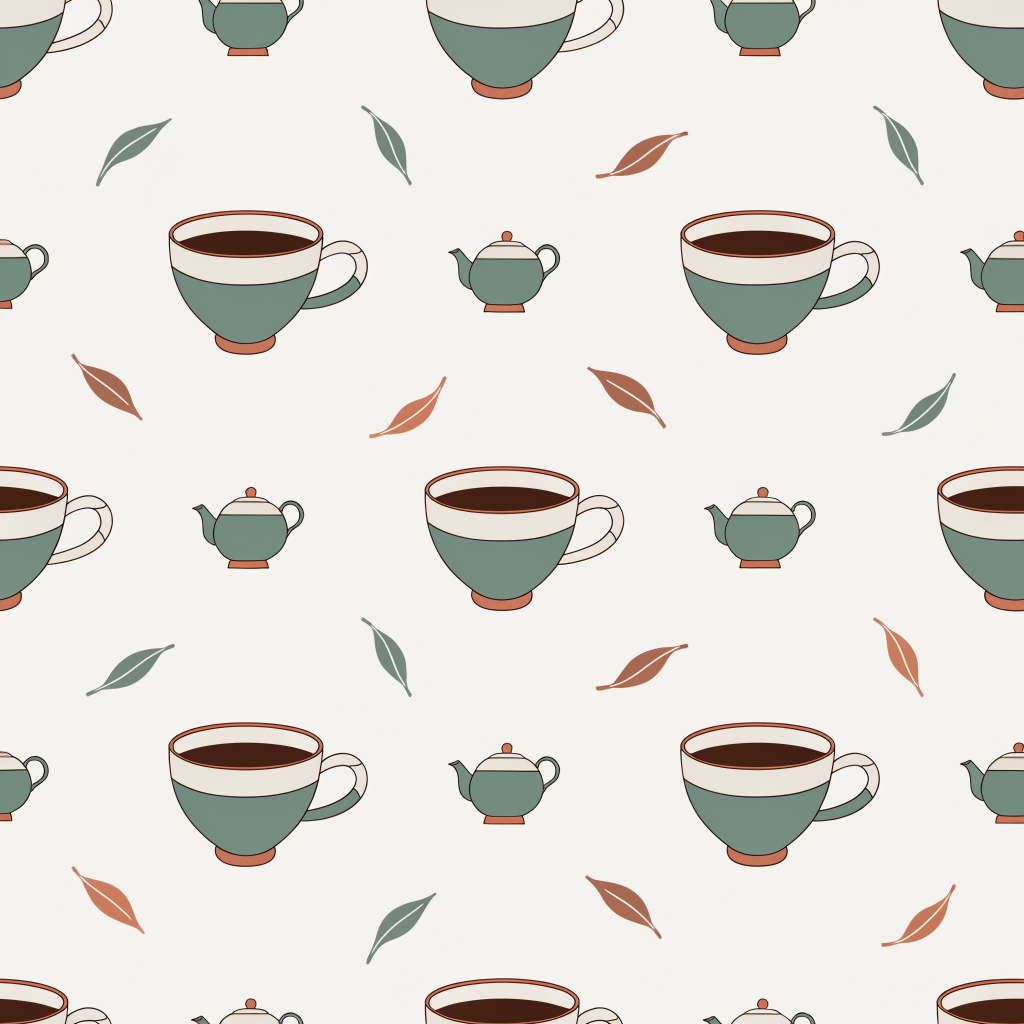 A repeating pattern of sage teacups, small teapots and terracotta leaves on cream