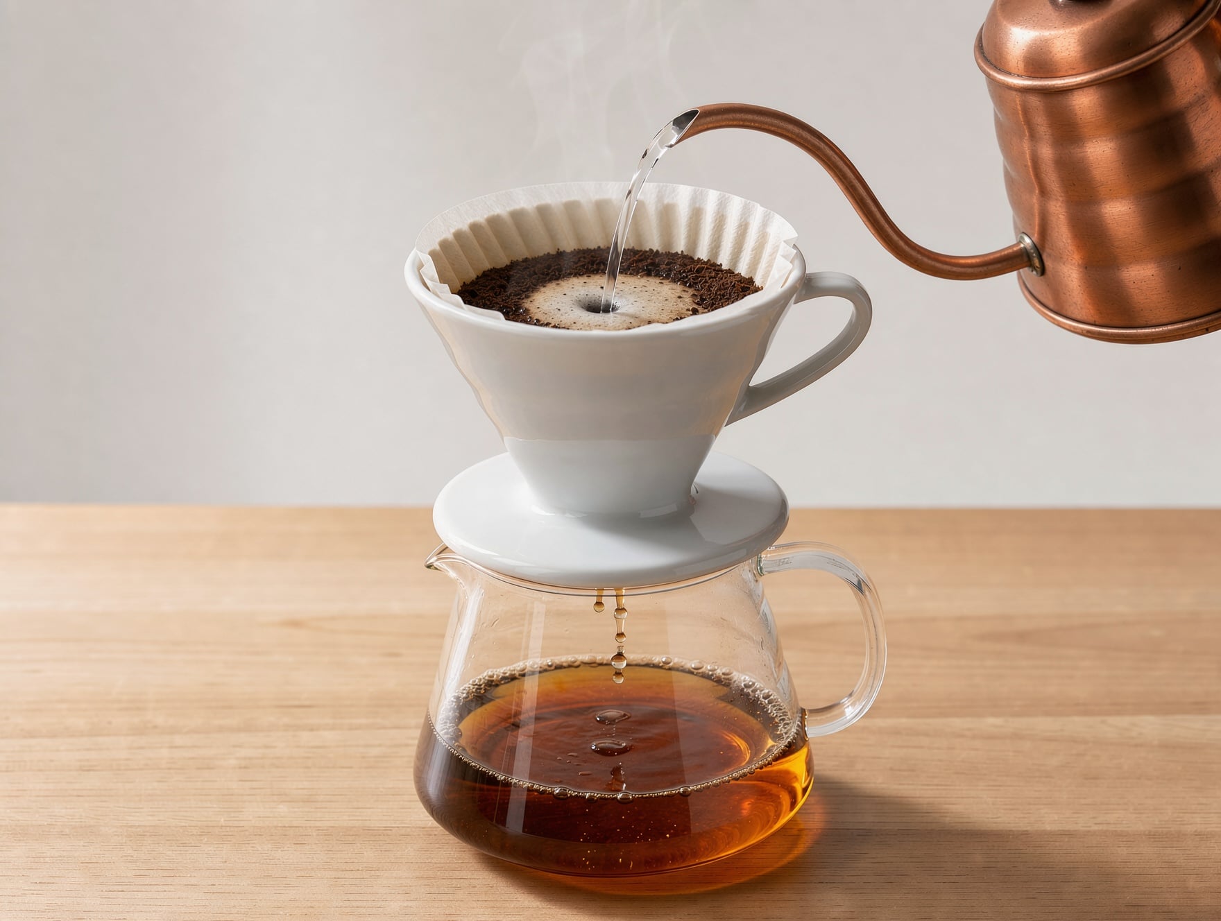 FLUX 3 Image: a clean catalog shot of the dripper, a carafe of amber coffee and the kettle against a plain wall