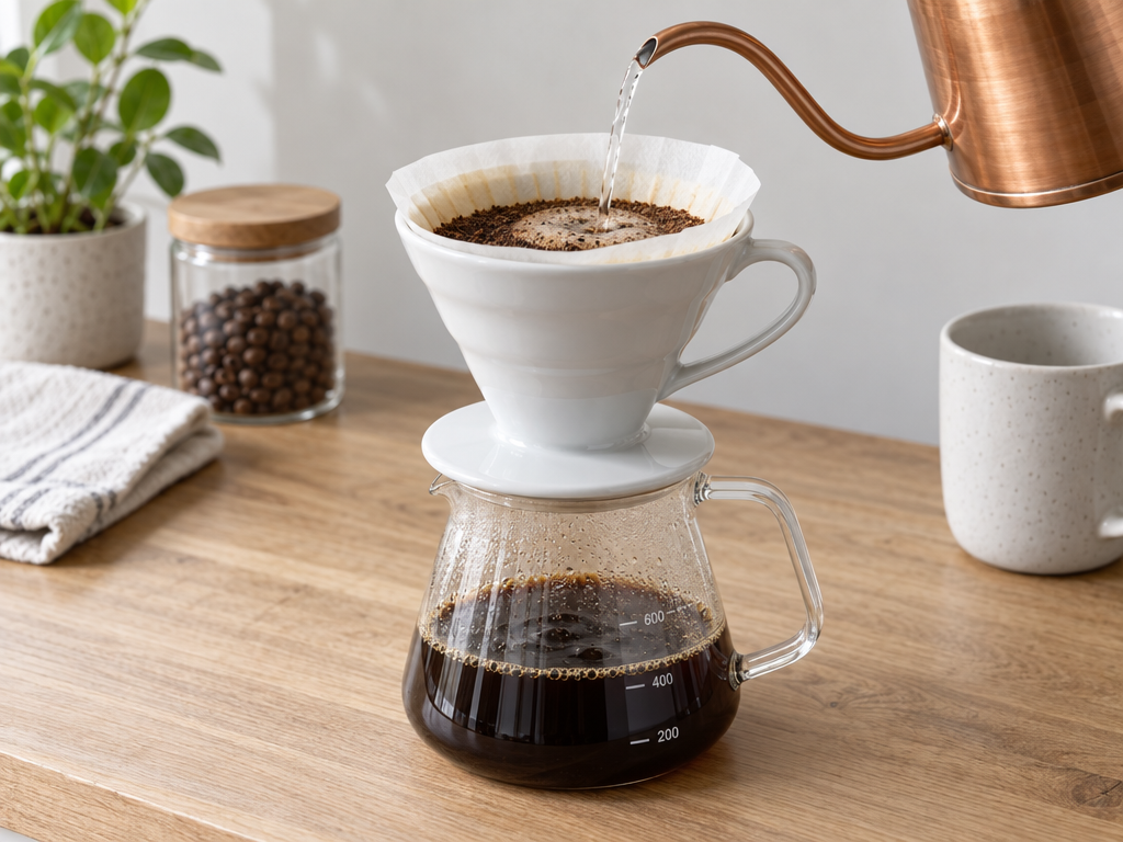 A white ceramic pour over dripper on a glass carafe of coffee as a copper gooseneck kettle pours water into the grounds on an oak counter