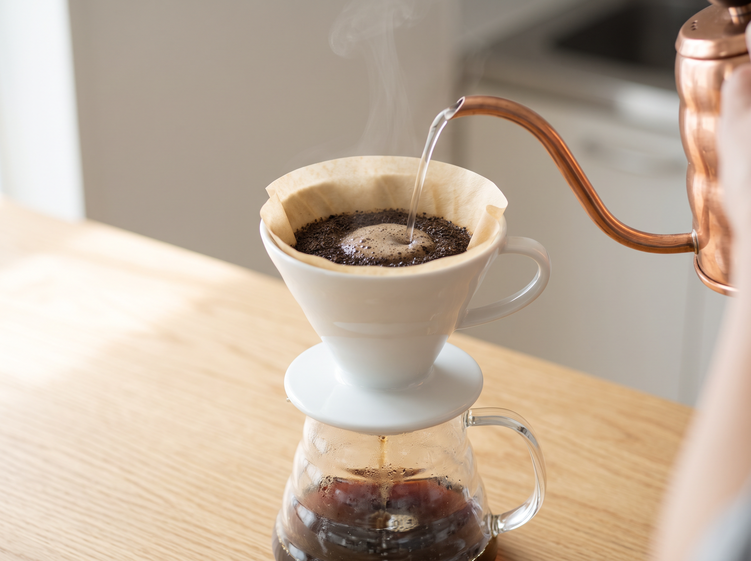 Nano Banana 2.1: the dripper in a bright kitchen with a hand holding the kettle at the edge of the frame