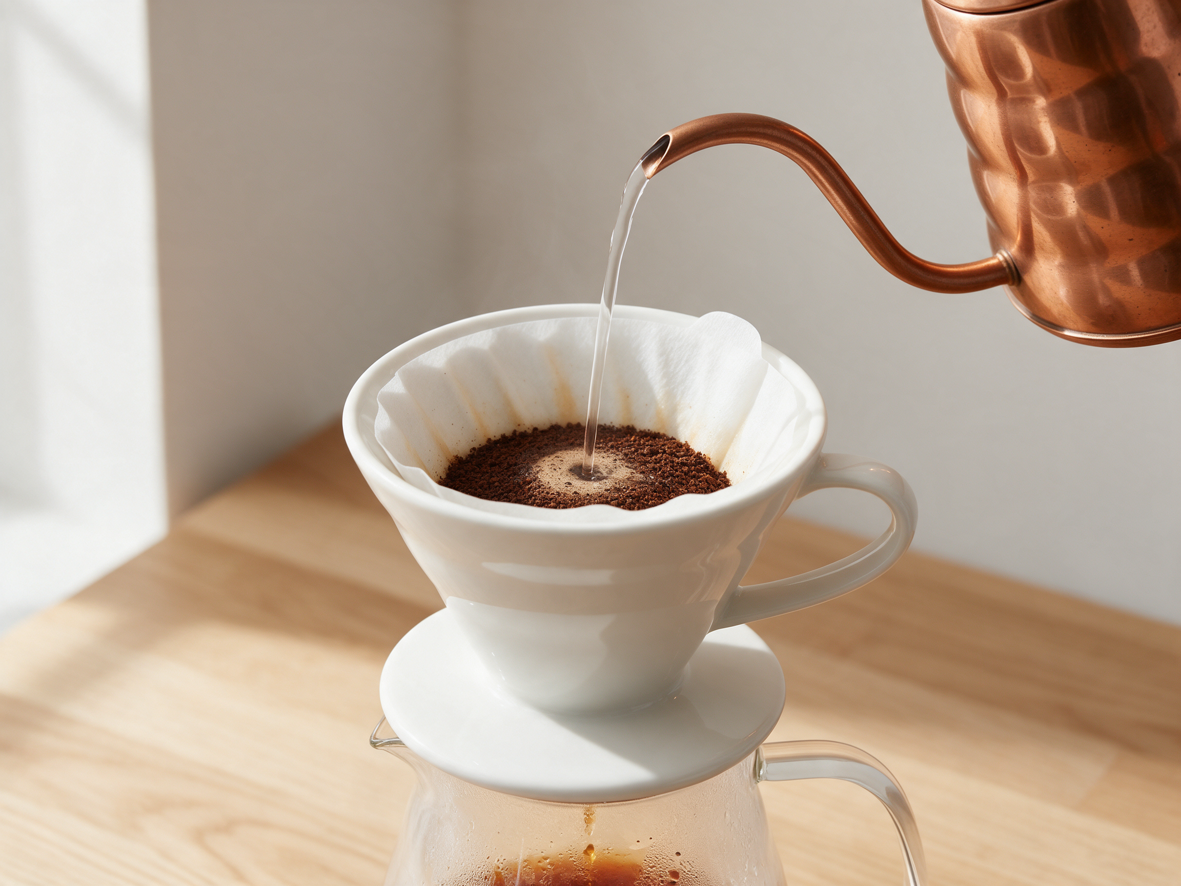 Seedream 5: a tight shot of the dripper and the stream of water, with the carafe cropped at the bottom
