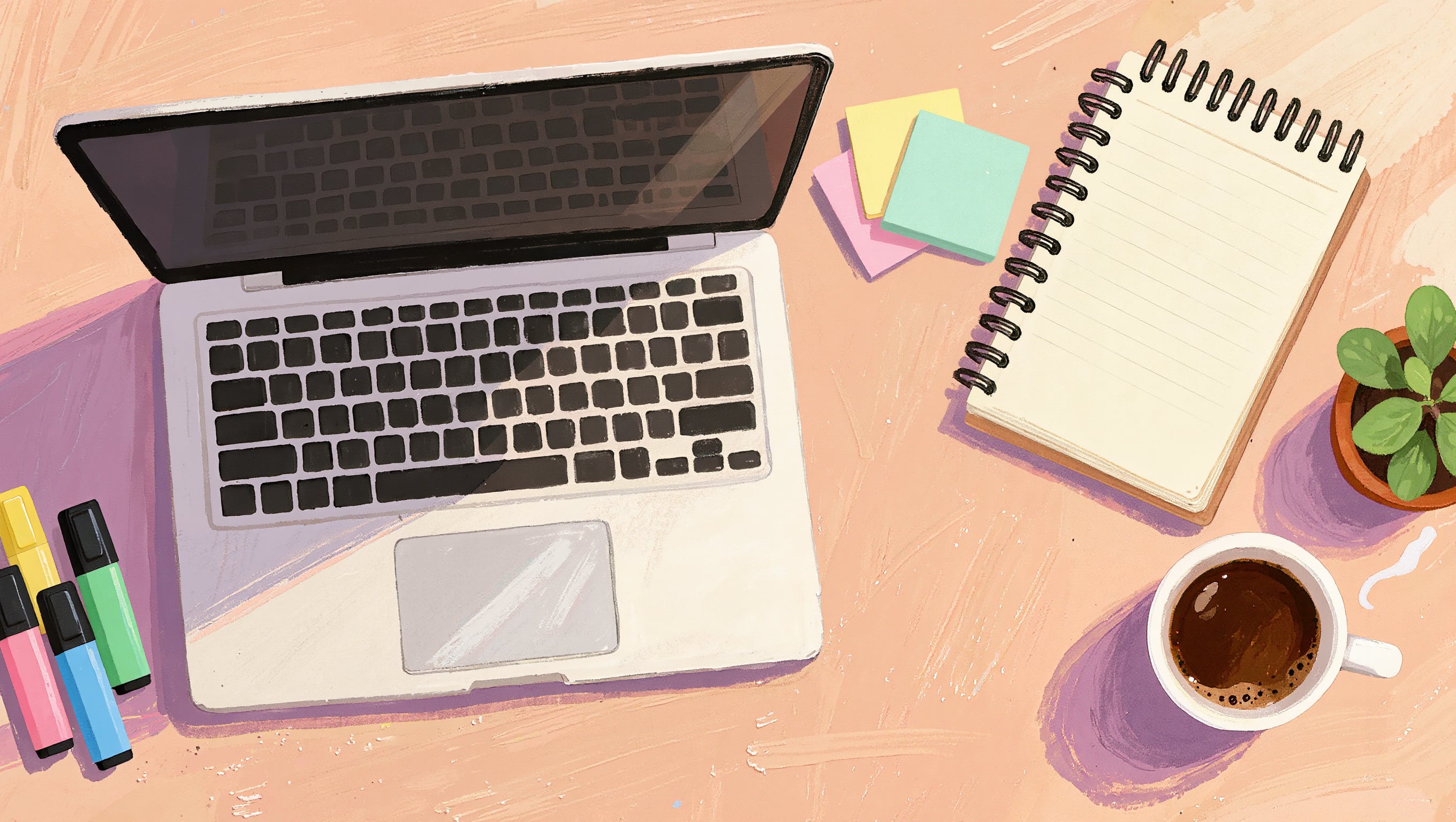 An illustrated top down view of a desk with a laptop, highlighters, sticky notes, a notebook, coffee and a plant