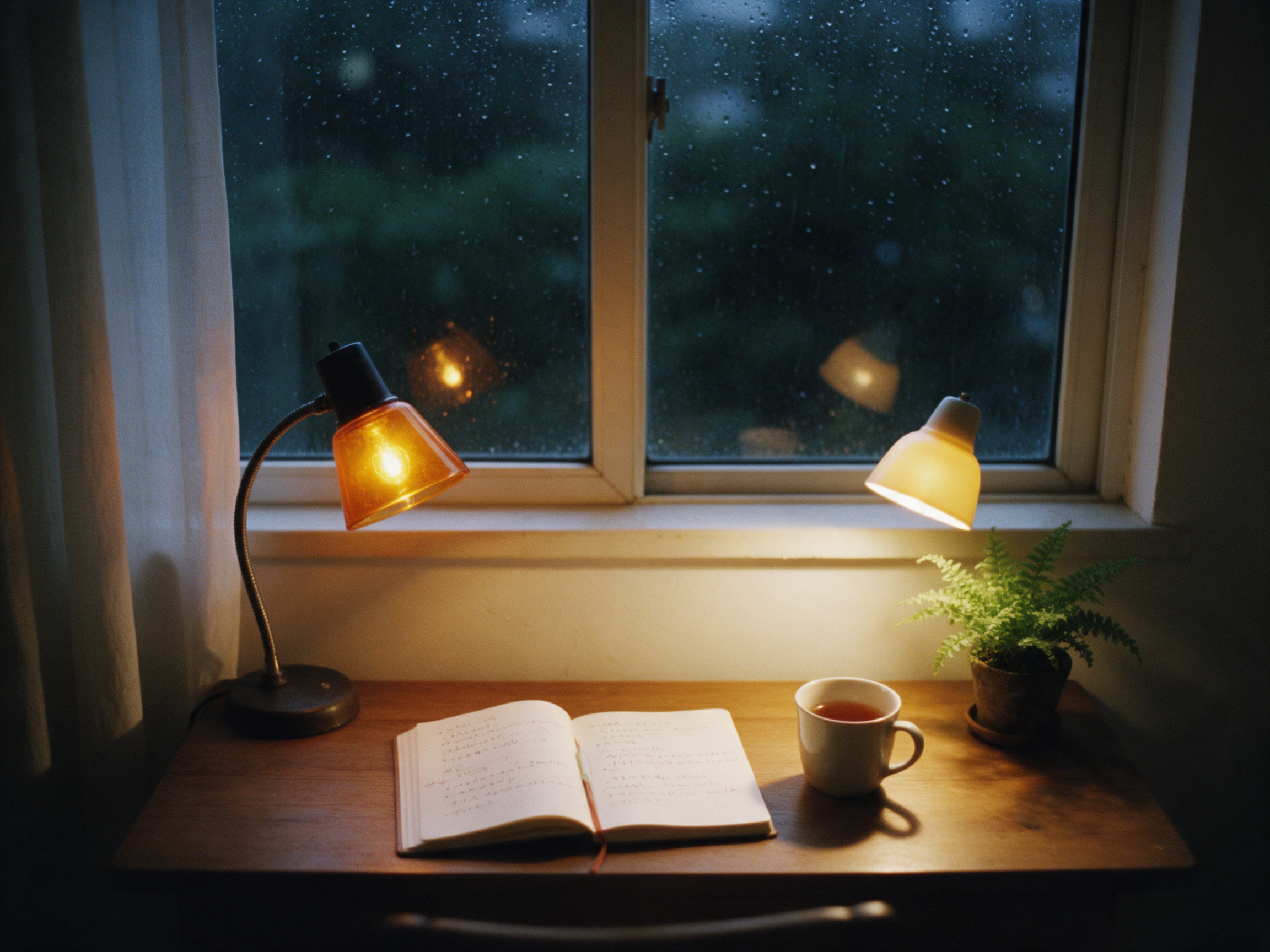 A wooden desk under a rainy window at night with an open notebook, two lamps, a mug and a small fern