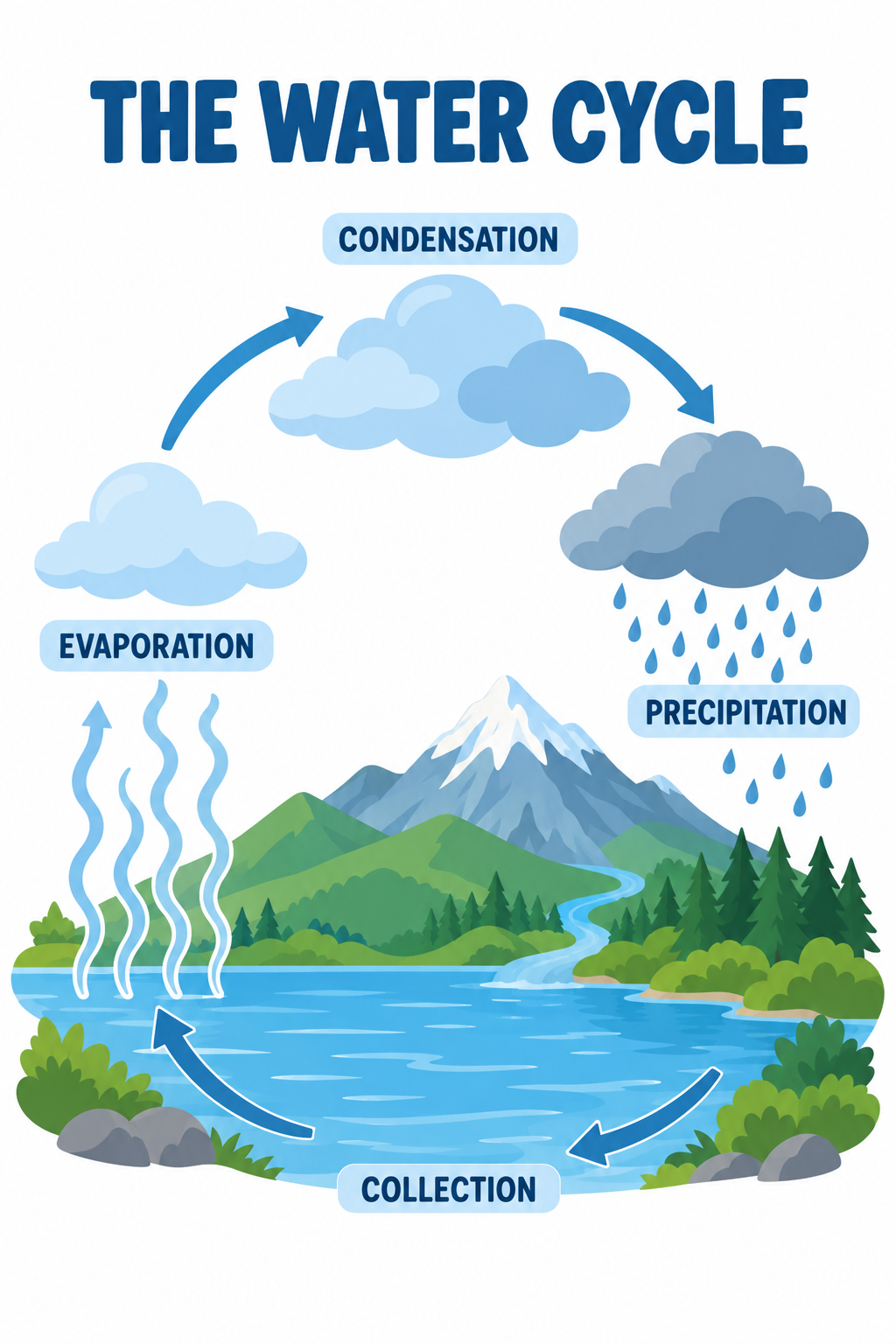 An educational poster titled THE WATER CYCLE with a mountain, a lake, clouds and rain linked by arrows