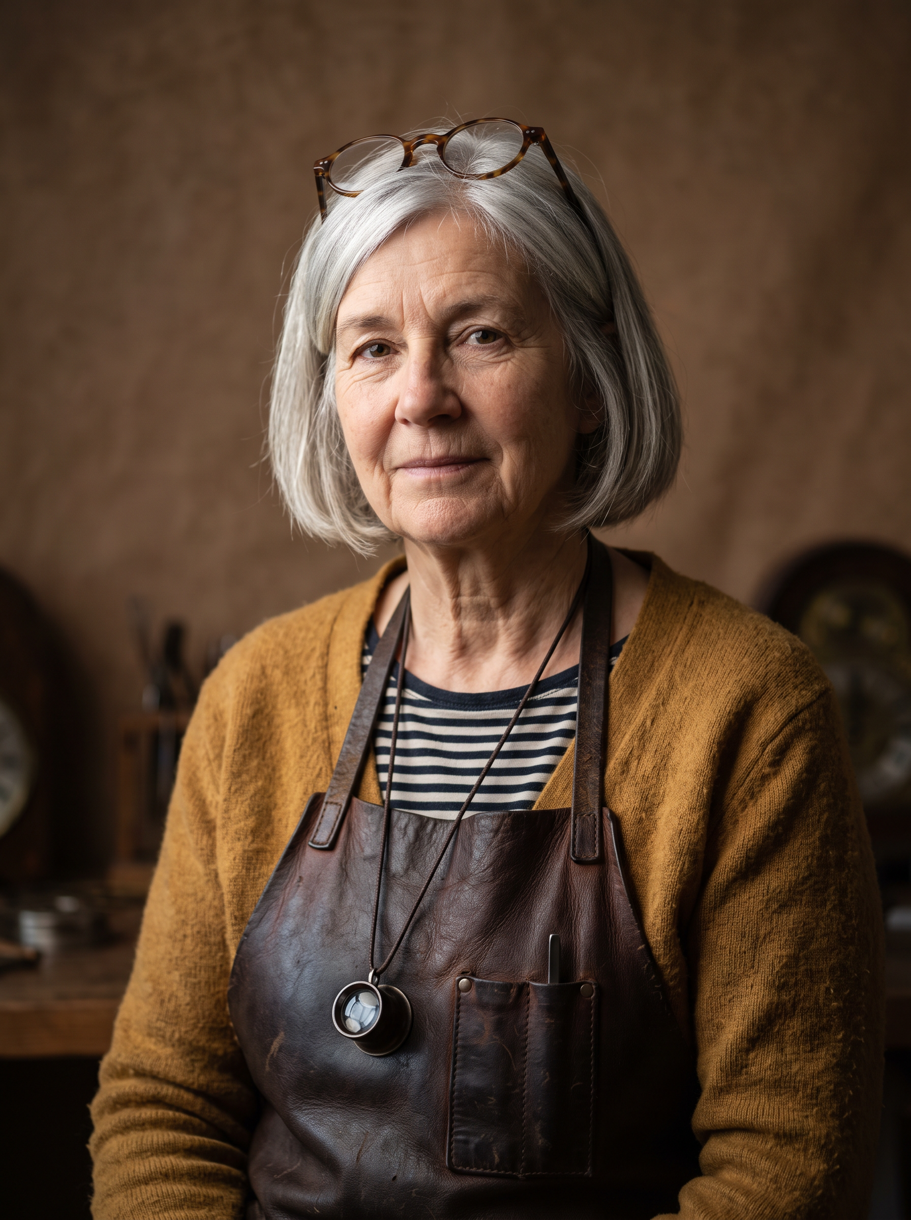 The character portrait: a clockmaker in her sixties with a silver bob, glasses on her head, a mustard cardigan and a leather apron