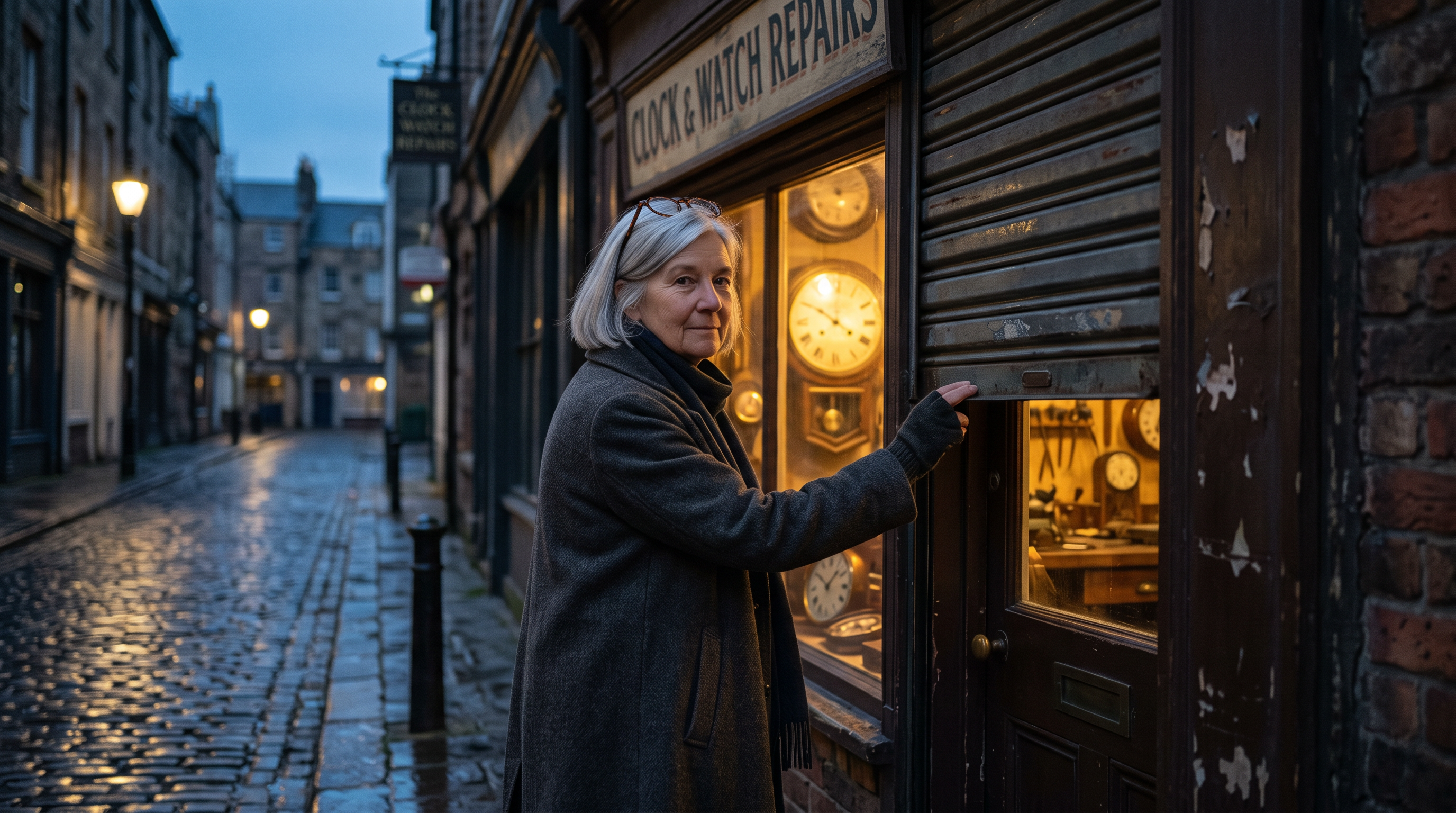 Scene two still: the same woman in a charcoal coat pulling down her shop shutter on a wet cobbled street at blue hour