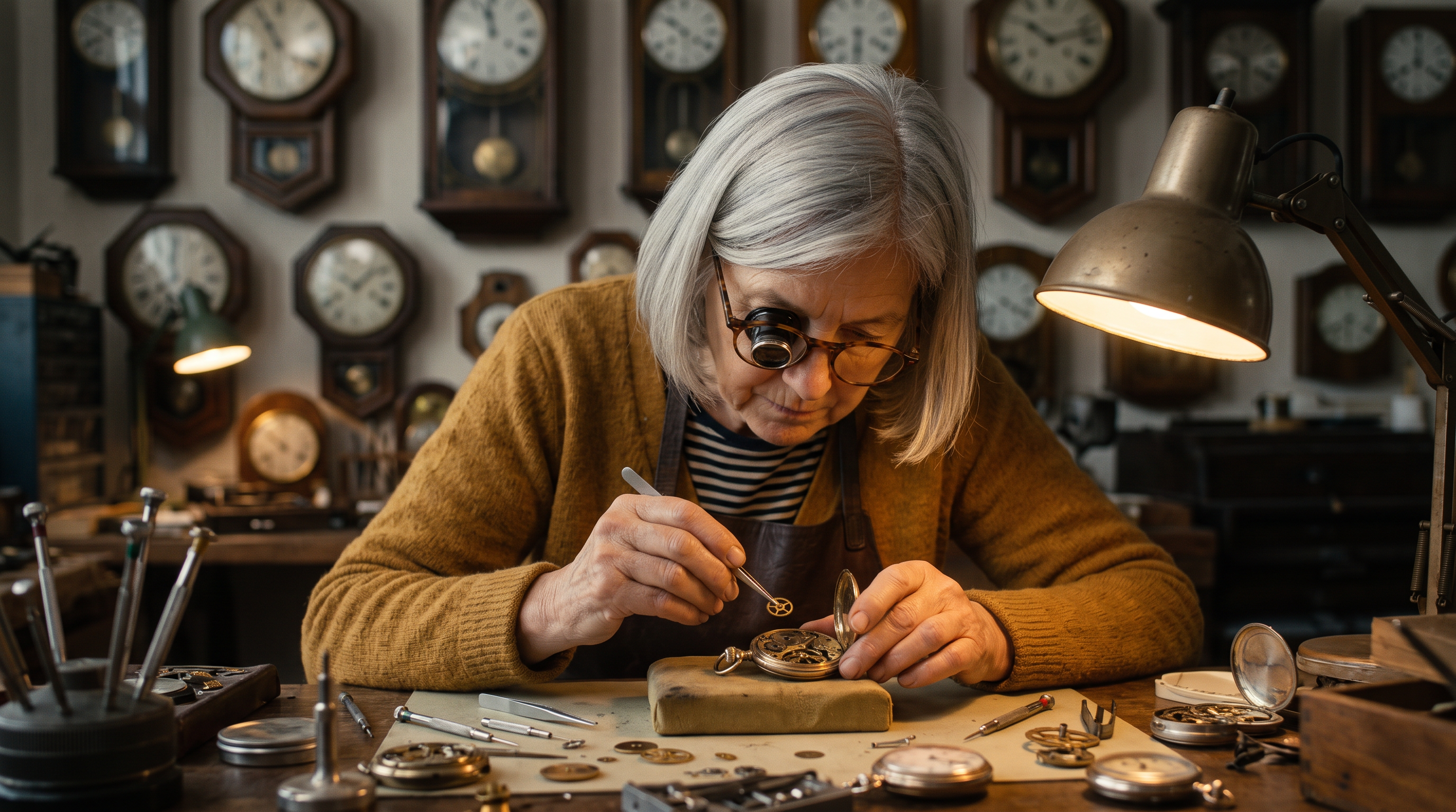 Scene one still: the same woman at a clock repair bench with a loupe in her eye, lifting a gear with tweezers