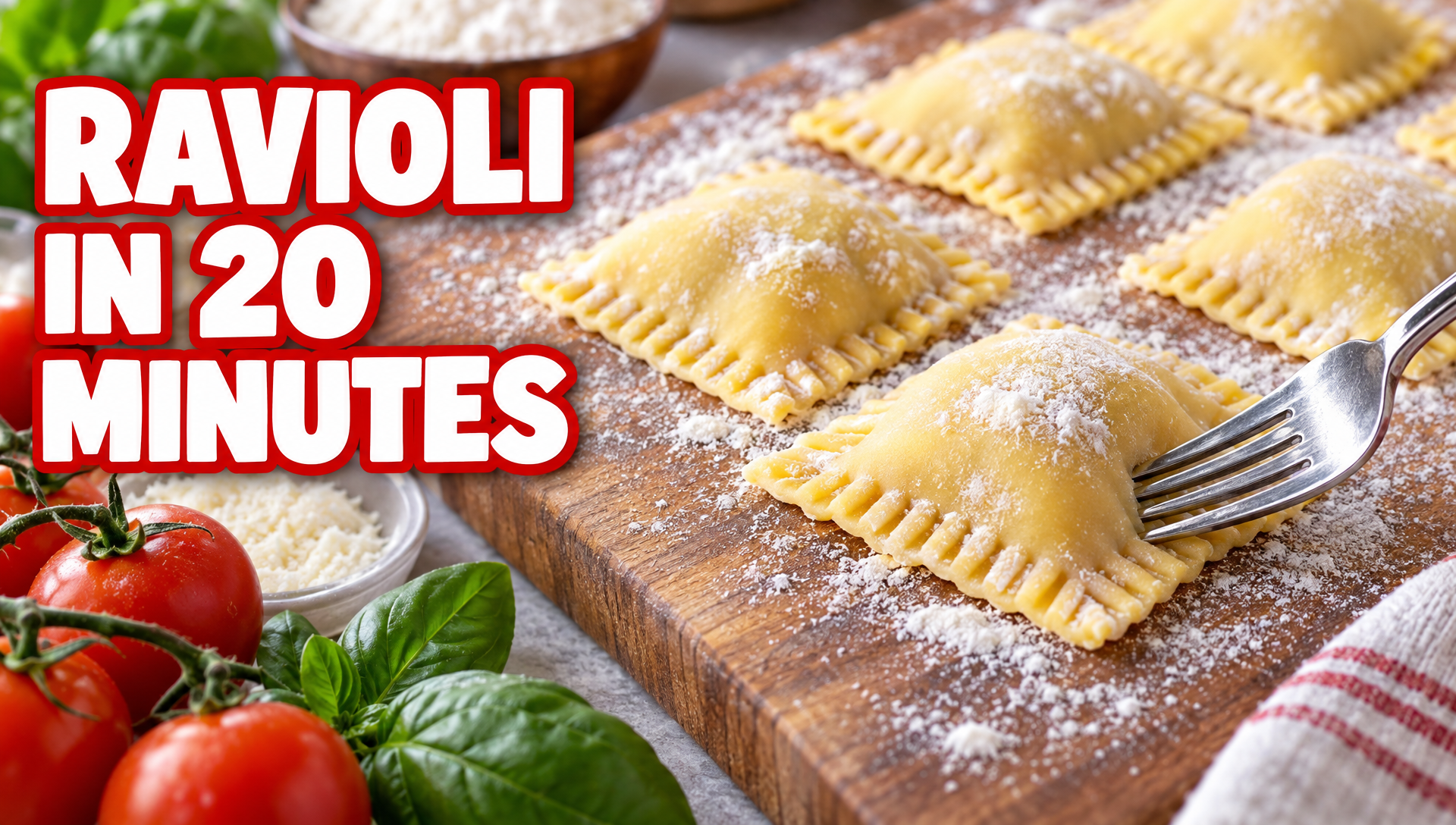 A cooking thumbnail with a bold red outlined ravioli headline beside a floured board of ravioli, tomatoes and basil