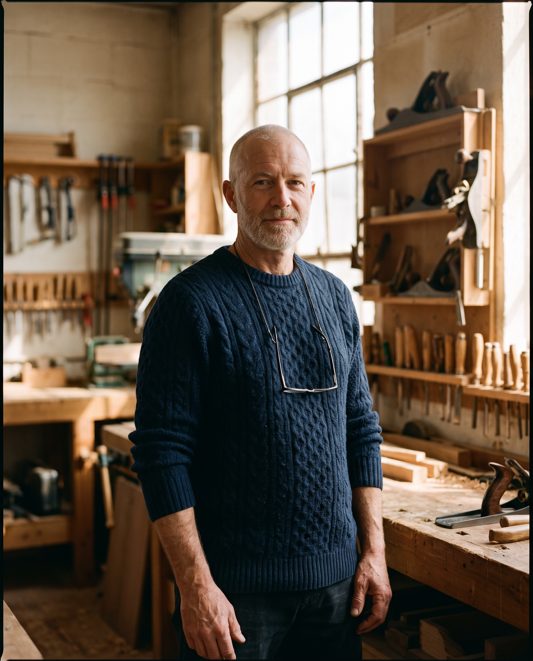 Portrait of a grey bearded woodworker in a navy cable knit sweater with reading glasses on a cord, in a sunlit shop