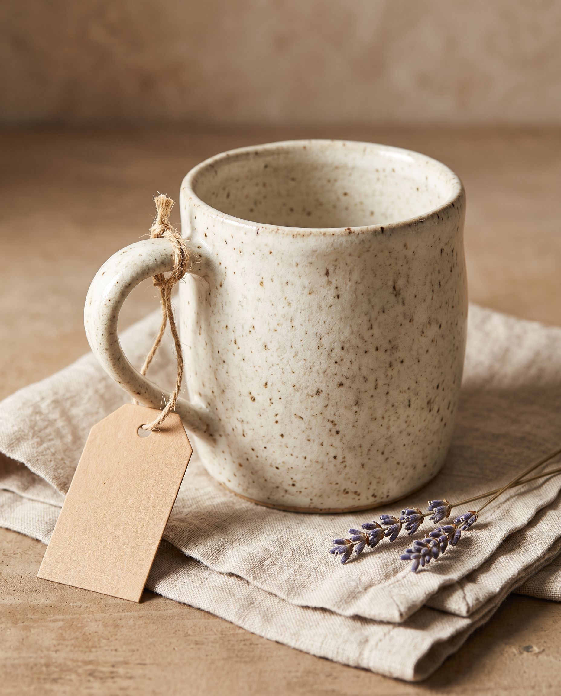 A speckled cream stoneware mug with a blank kraft hang tag on a linen napkin beside dried lavender