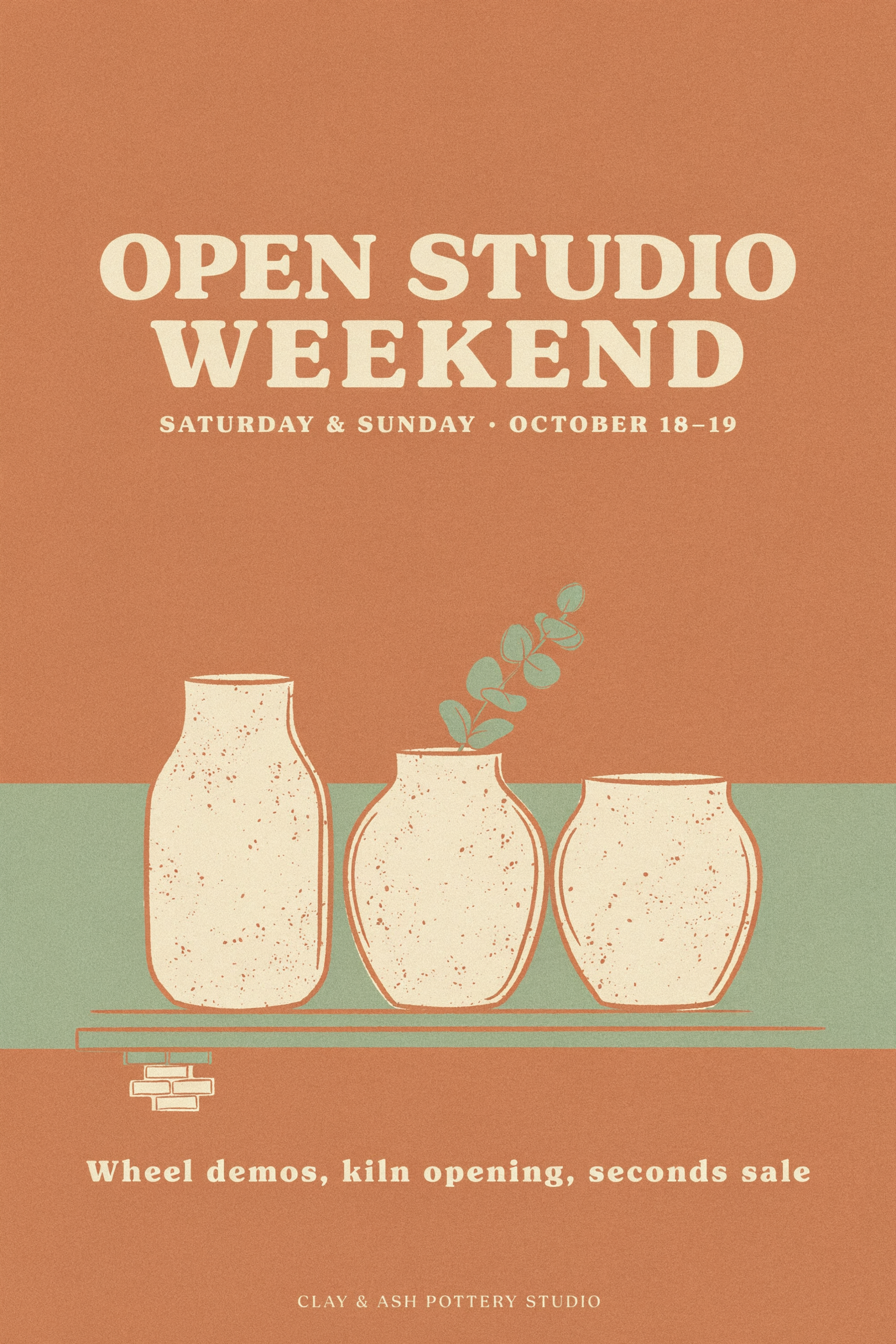 The poster: OPEN STUDIO WEEKEND above three speckled vases, with the line Wheel demos, kiln opening, seconds sale