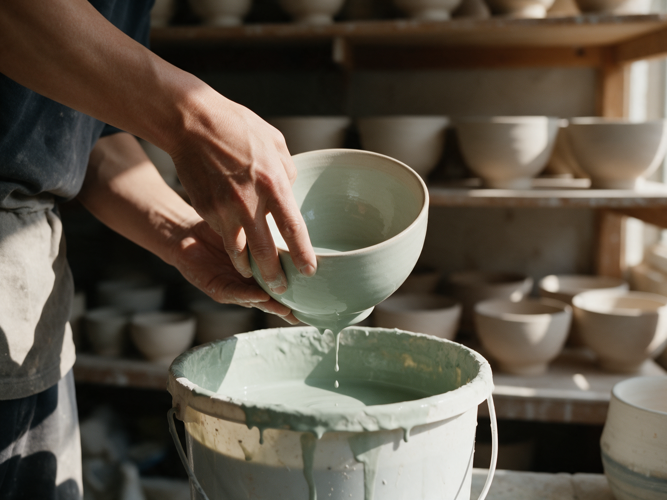 The hero photo: a potter's hands dip a pale bowl into a bucket of celadon slip, drips running off the rim, shelves of pots behind