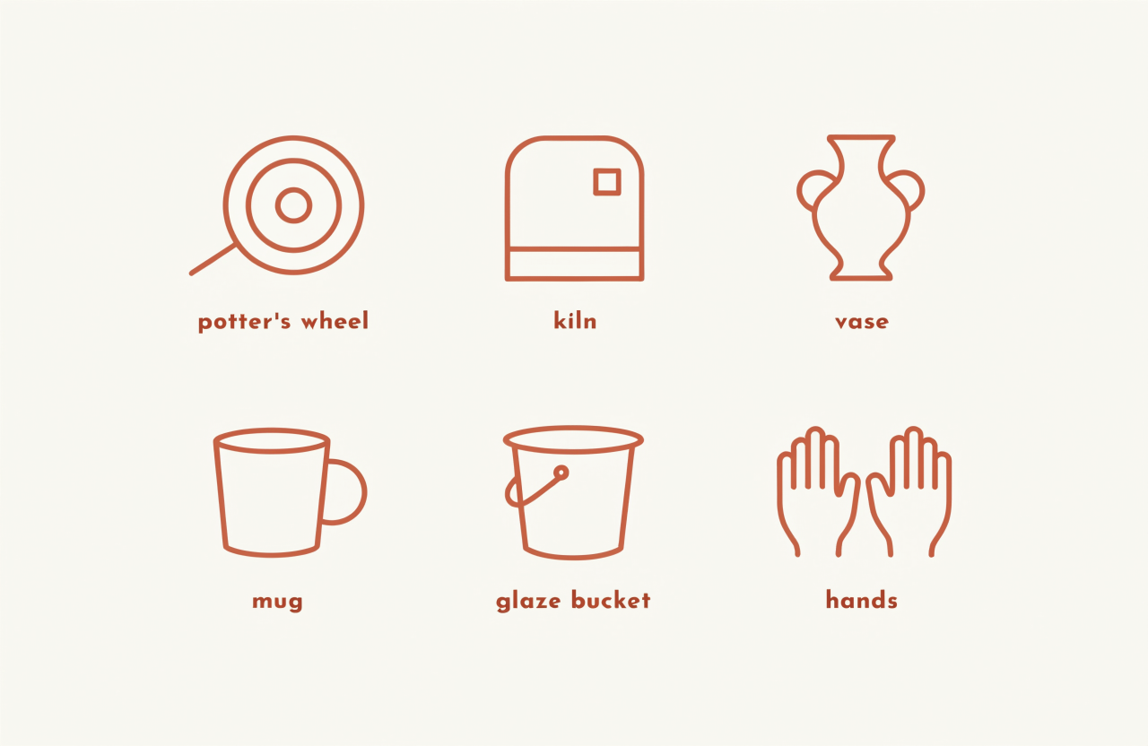 Six terracotta line icons on cream: a potter's wheel, a kiln, a vase, a mug, a glaze bucket and hands, each labeled