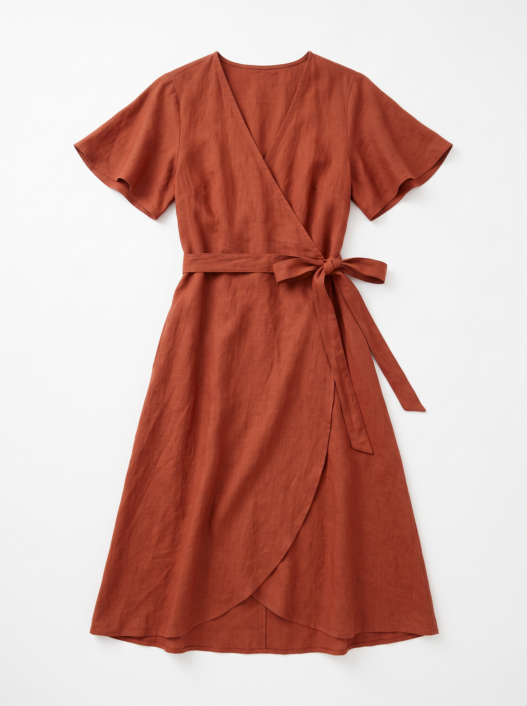 The product photo: a rust linen wrap midi dress with flutter sleeves and a tie waist laid flat on white
