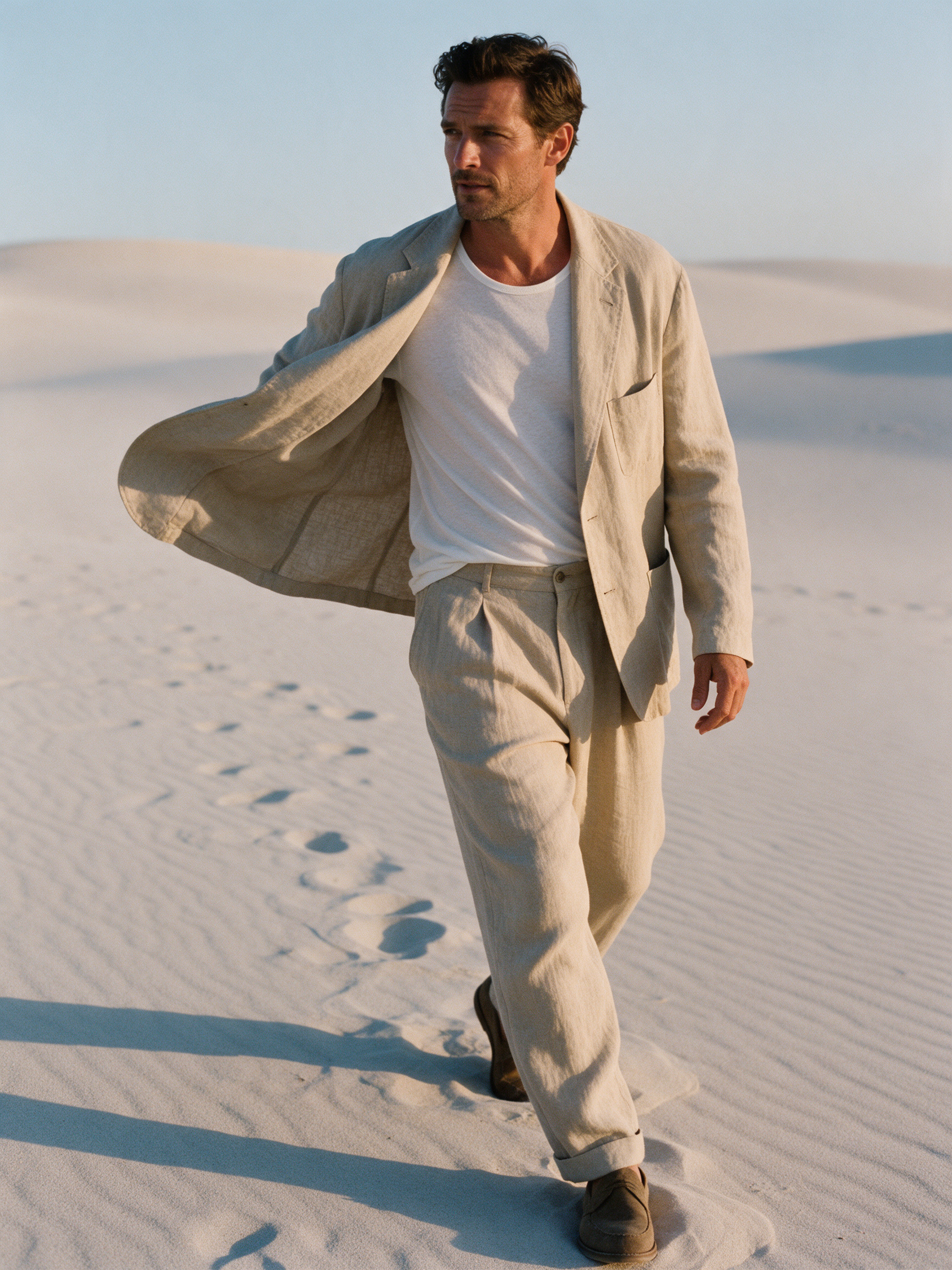 A man in his thirties in a loose sand colored linen suit walks across pale dunes, his jacket lifting in the wind