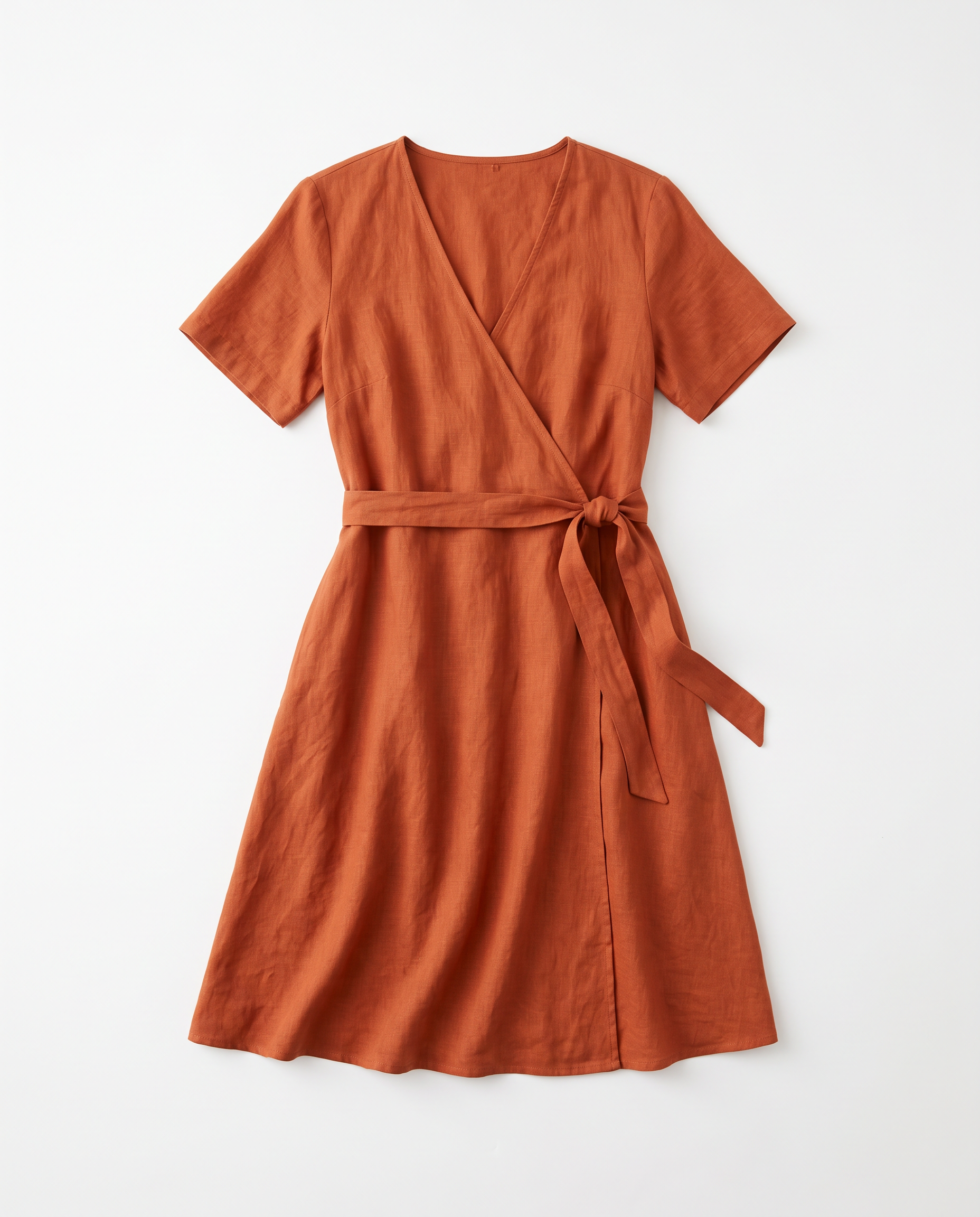 The garment: a rust orange linen wrap dress with short sleeves and a tie waist, laid flat on white