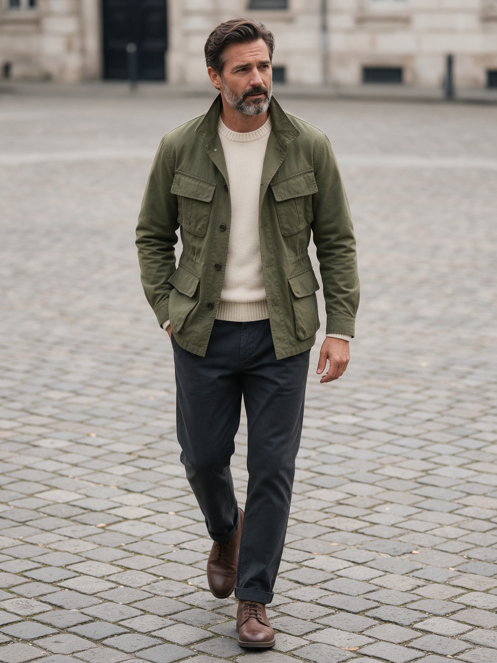 A bearded man in an olive field jacket, cream sweater and dark chinos walks across a cobblestone square