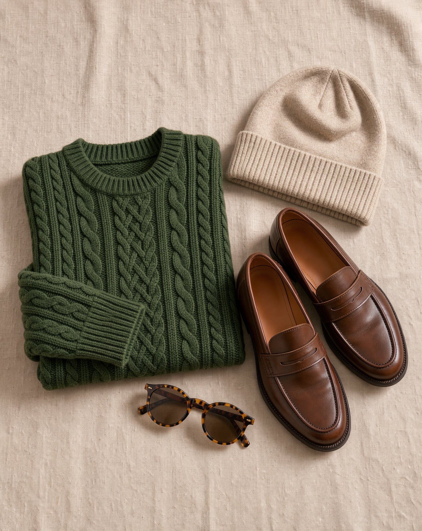 A forest green cable knit sweater folded beside brown loafers, a beanie and tortoiseshell sunglasses on beige linen