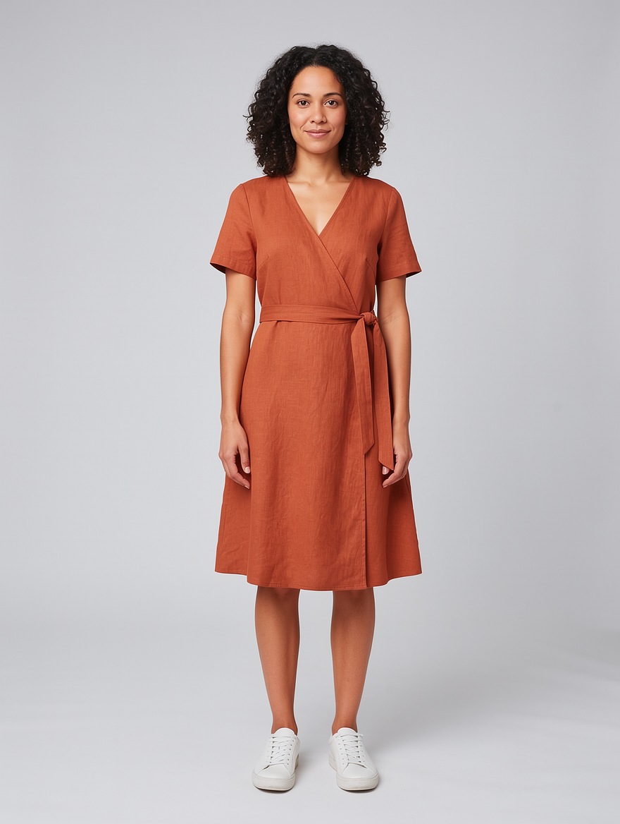 FLUX 2 Pro: the woman in the rust wrap dress with the tie falling straight down one side