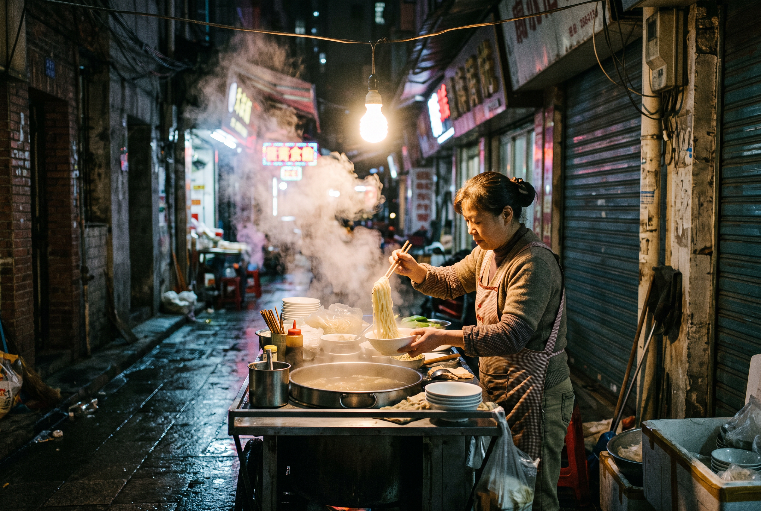 A cook lifts noodles from a steaming pot at a cart under a single bulb in a narrow wet alley at night