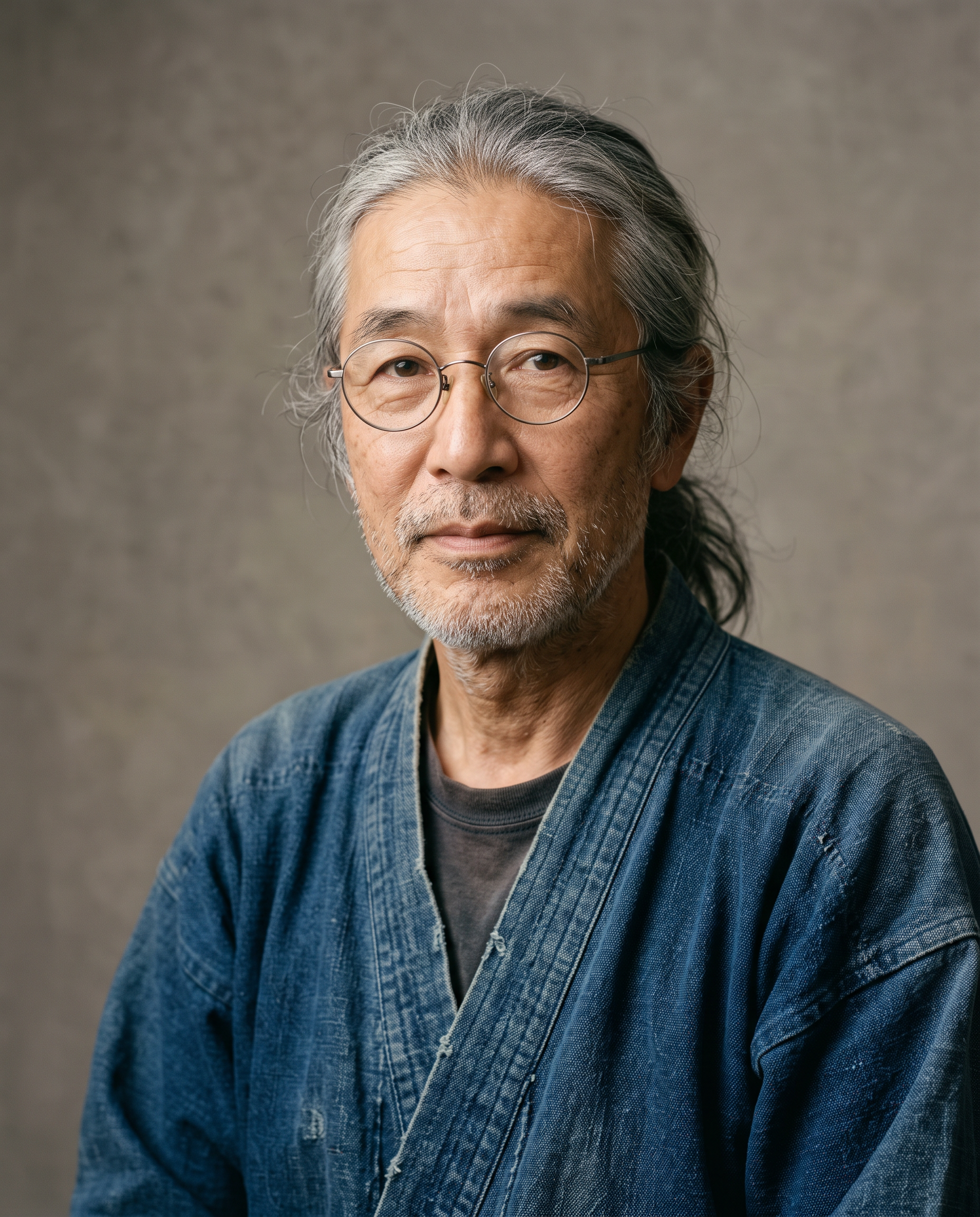 Step one: a bonsai gardener in his sixties with a grey ponytail, round wire glasses and an indigo work jacket