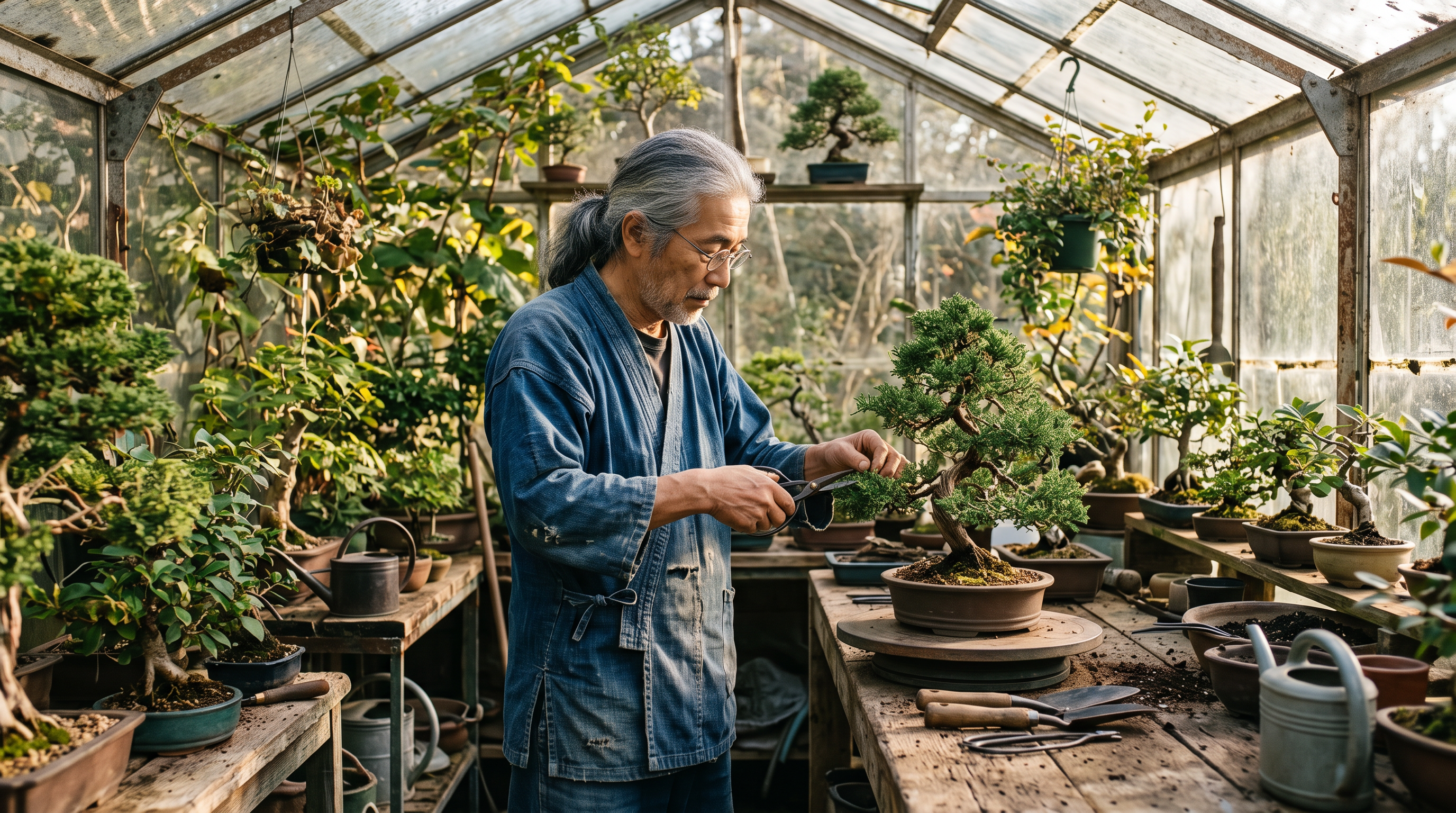 Step two: the same man trims a bonsai at a wooden bench in a glass greenhouse full of small trees