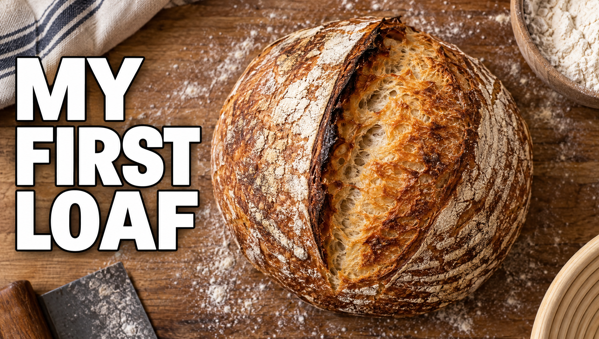 A crusty sourdough loaf on a floured board beside the bold words MY FIRST LOAF
