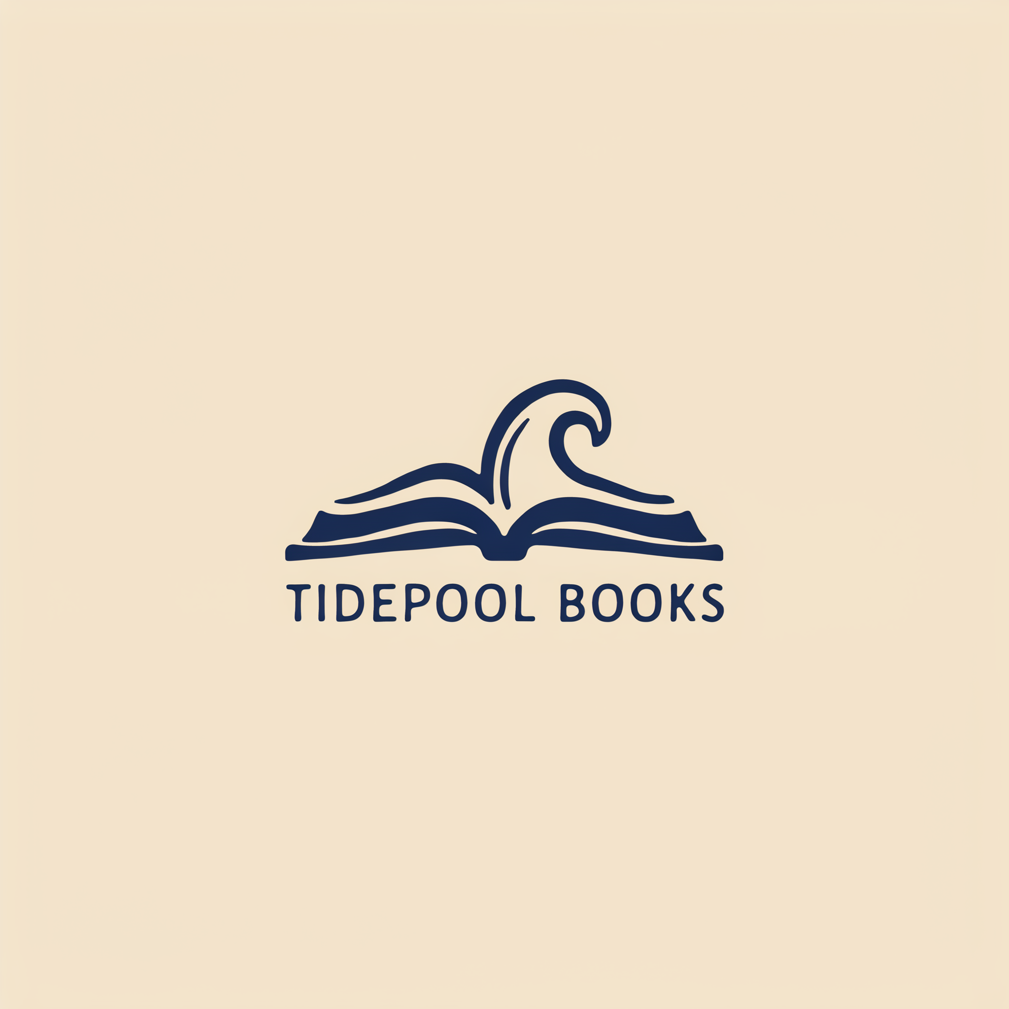 A navy logo of an open book whose pages curl into a wave above the words TIDEPOOL BOOKS on sand