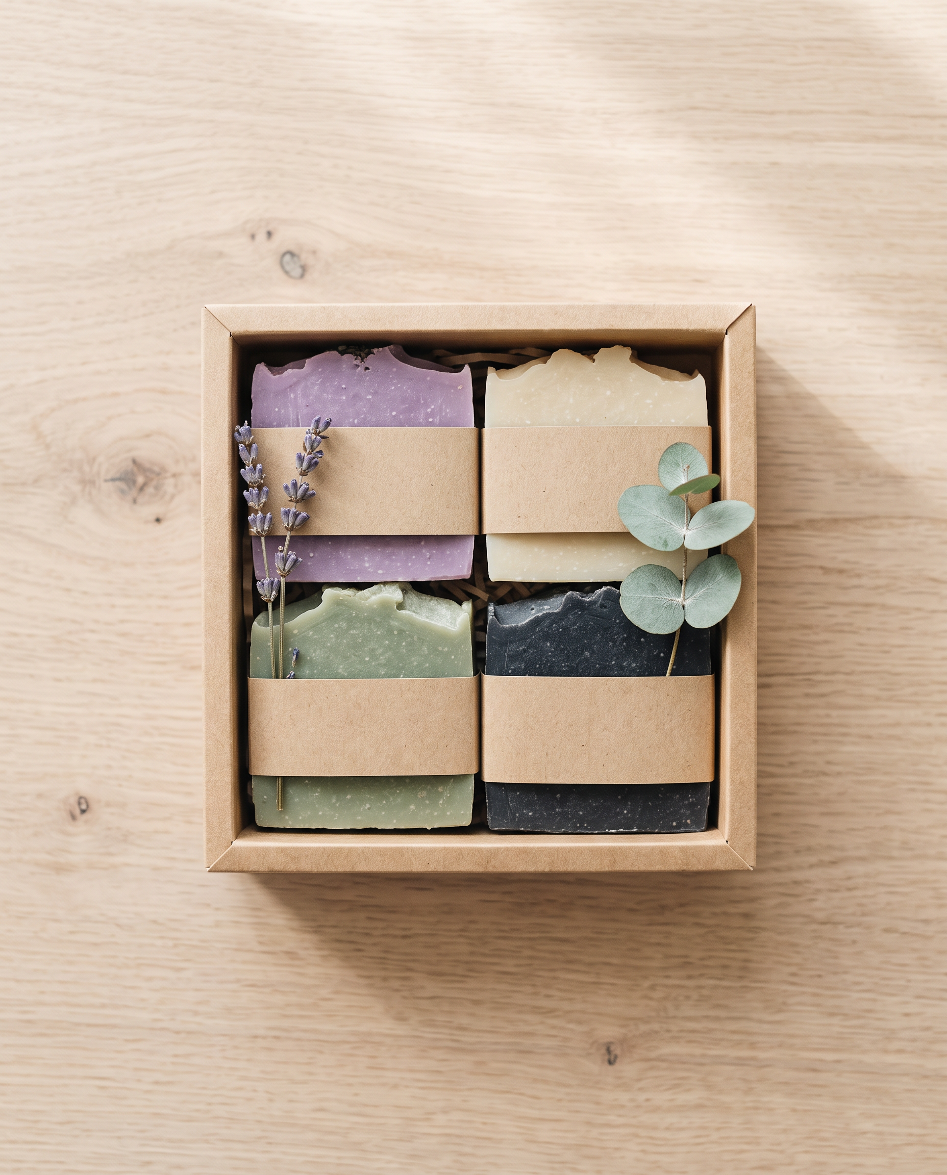An open kraft gift box of four soap bars in lilac, cream, sage and charcoal with lavender and eucalyptus