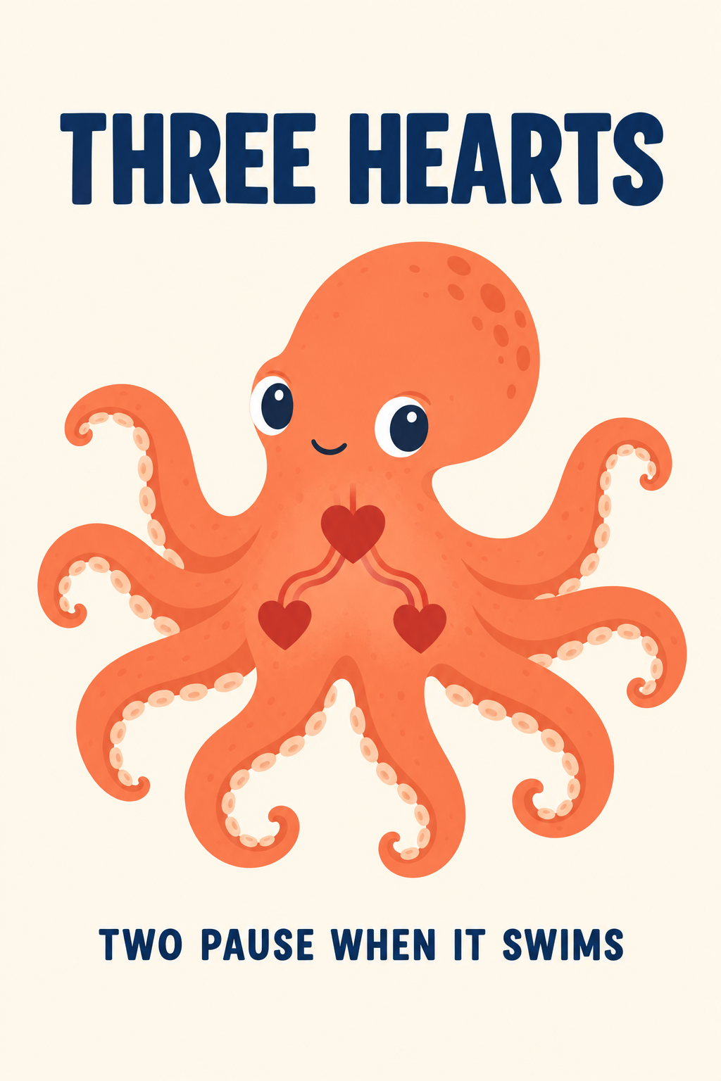 An explainer card titled THREE HEARTS with a coral orange octopus and three small red hearts