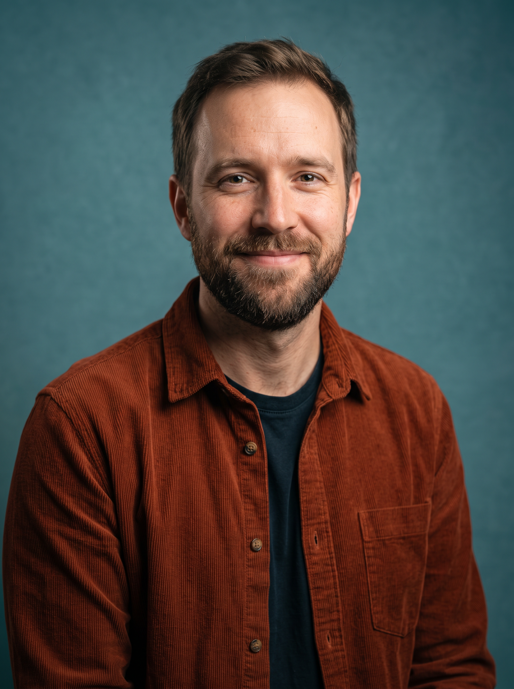 A bearded host in his thirties in a rust corduroy shirt smiles against a teal backdrop