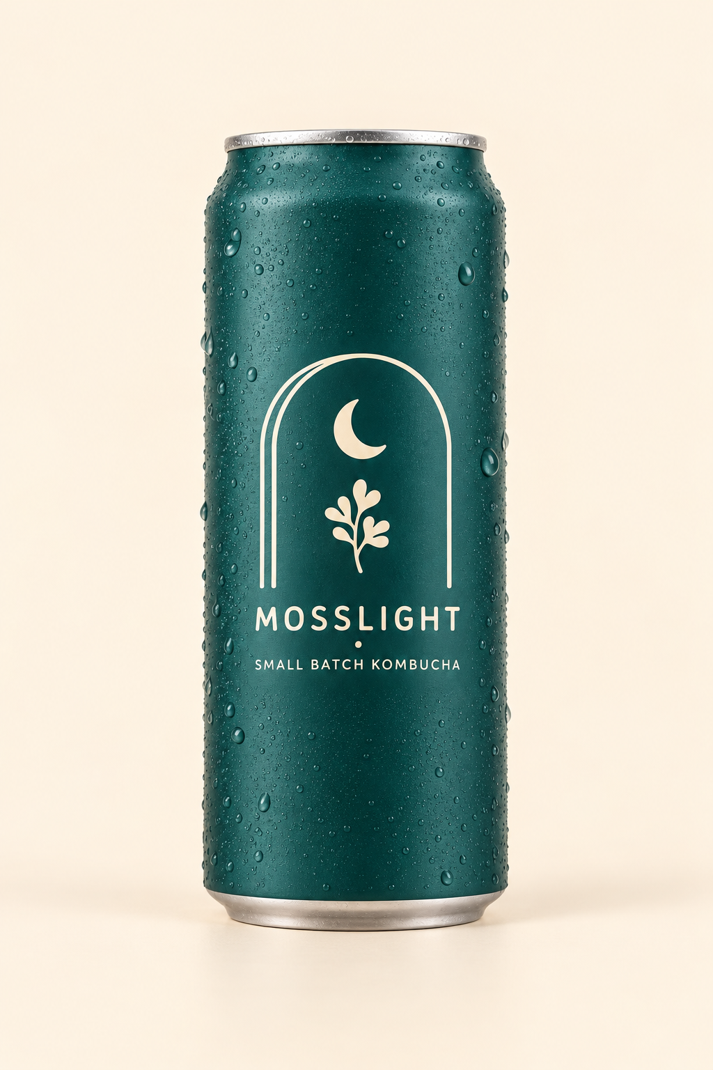 Step two, GPT Image 2.5: a matte deep teal can with the MOSSLIGHT logo on the front, condensation droplets, on cream