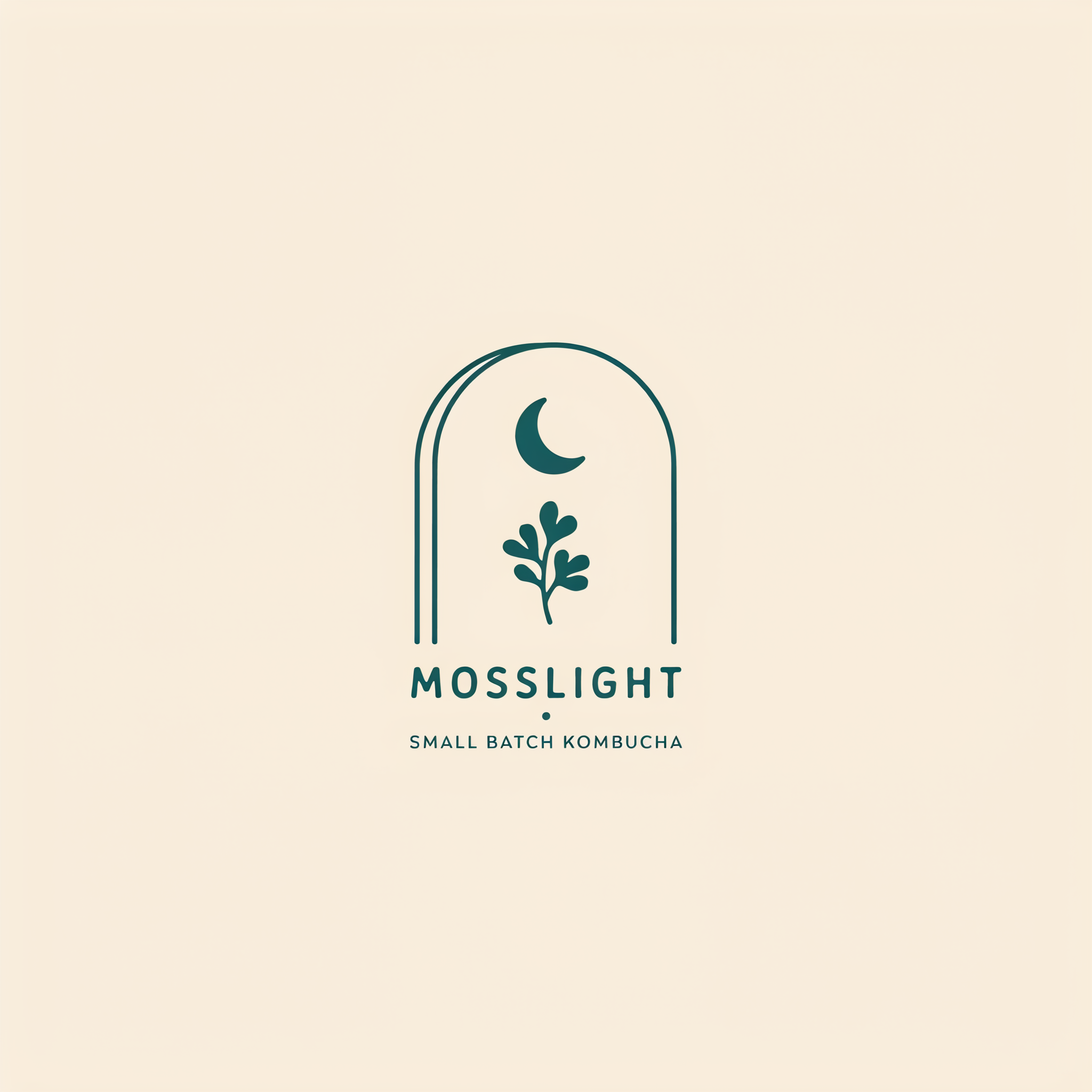 Step one, Ideogram 4.5: a deep teal arch with a crescent moon and a moss sprig above MOSSLIGHT SMALL BATCH KOMBUCHA