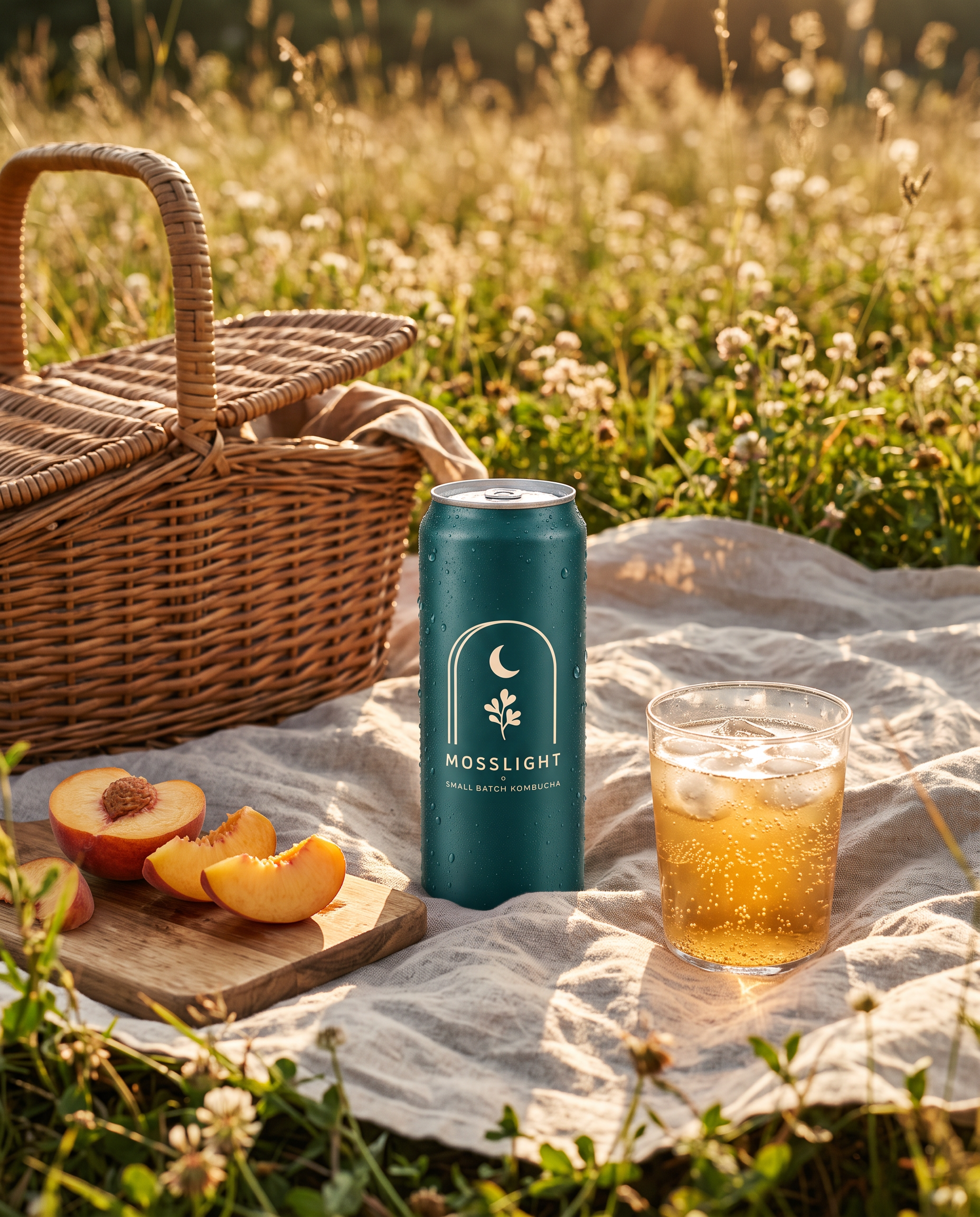 Step three, Nano Banana 2.1: the can on a linen picnic blanket in a meadow with a wicker basket, sliced peaches and an iced glass