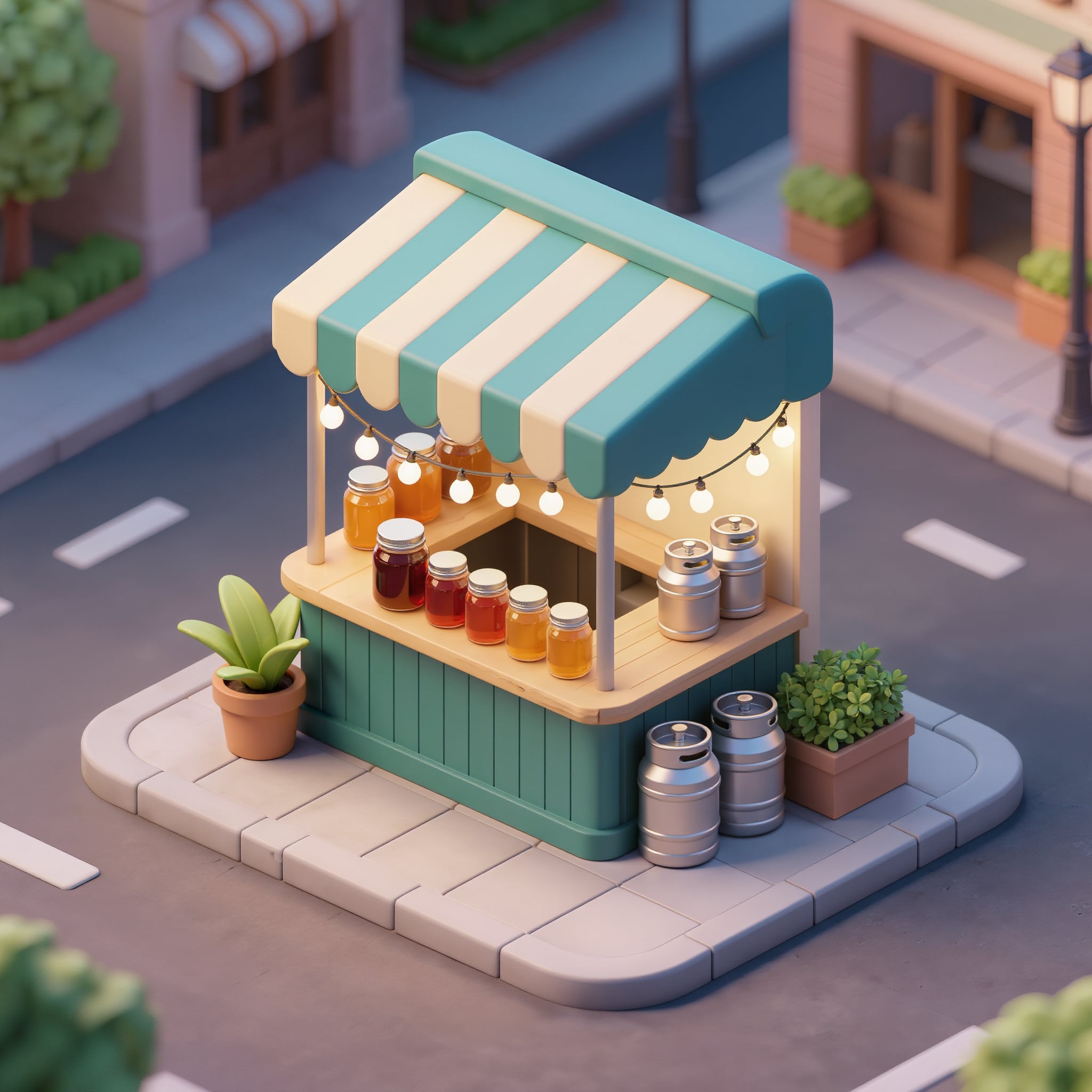 An isometric 3D pop up kombucha stand with a teal and cream striped awning, jars, kegs and string lights