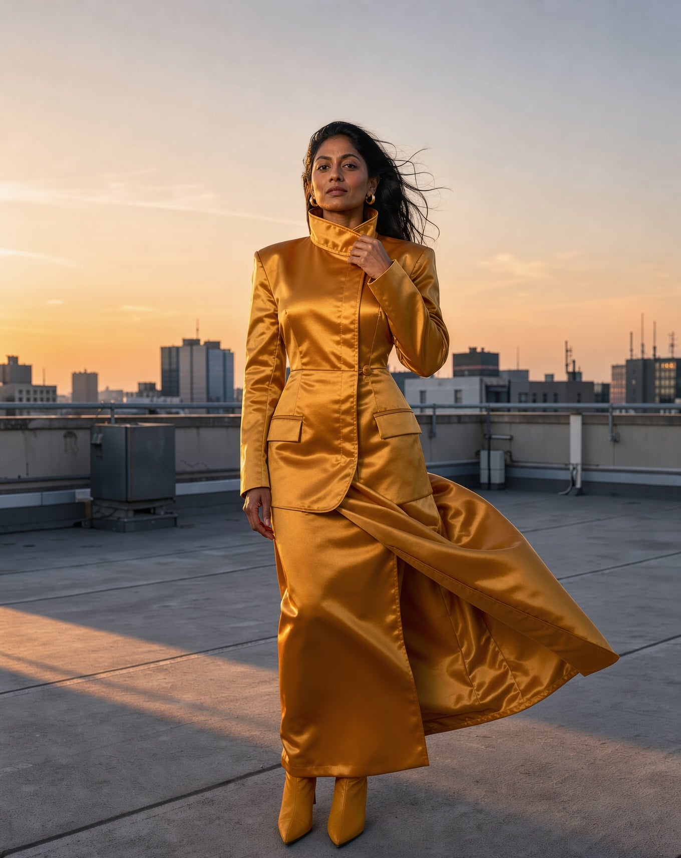 A woman in a sculptural saffron yellow satin coat on a rooftop at golden hour, the fabric lifting in the wind