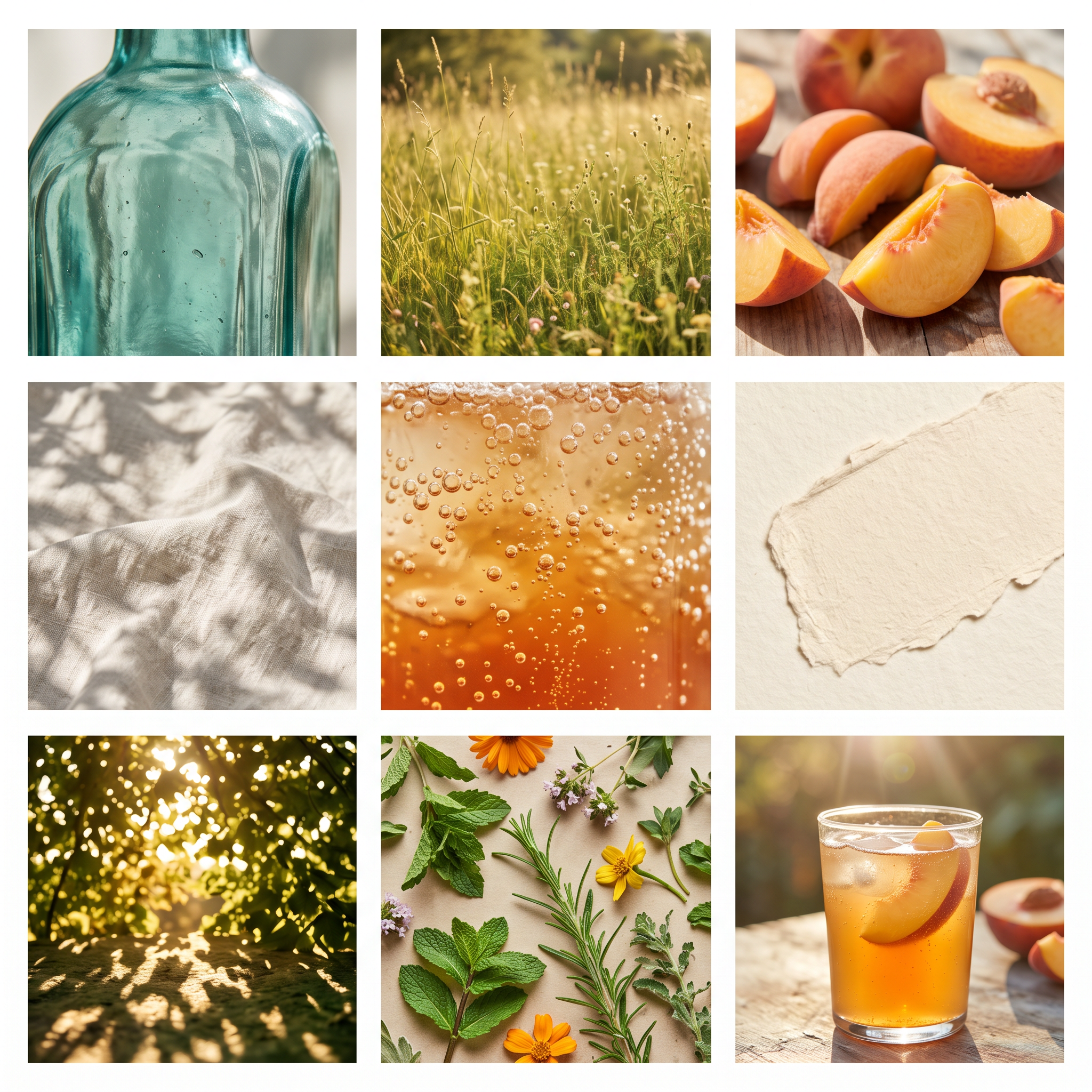 A nine tile mood board of teal glass, meadow grass, sliced peaches, linen, bubbles and an iced drink