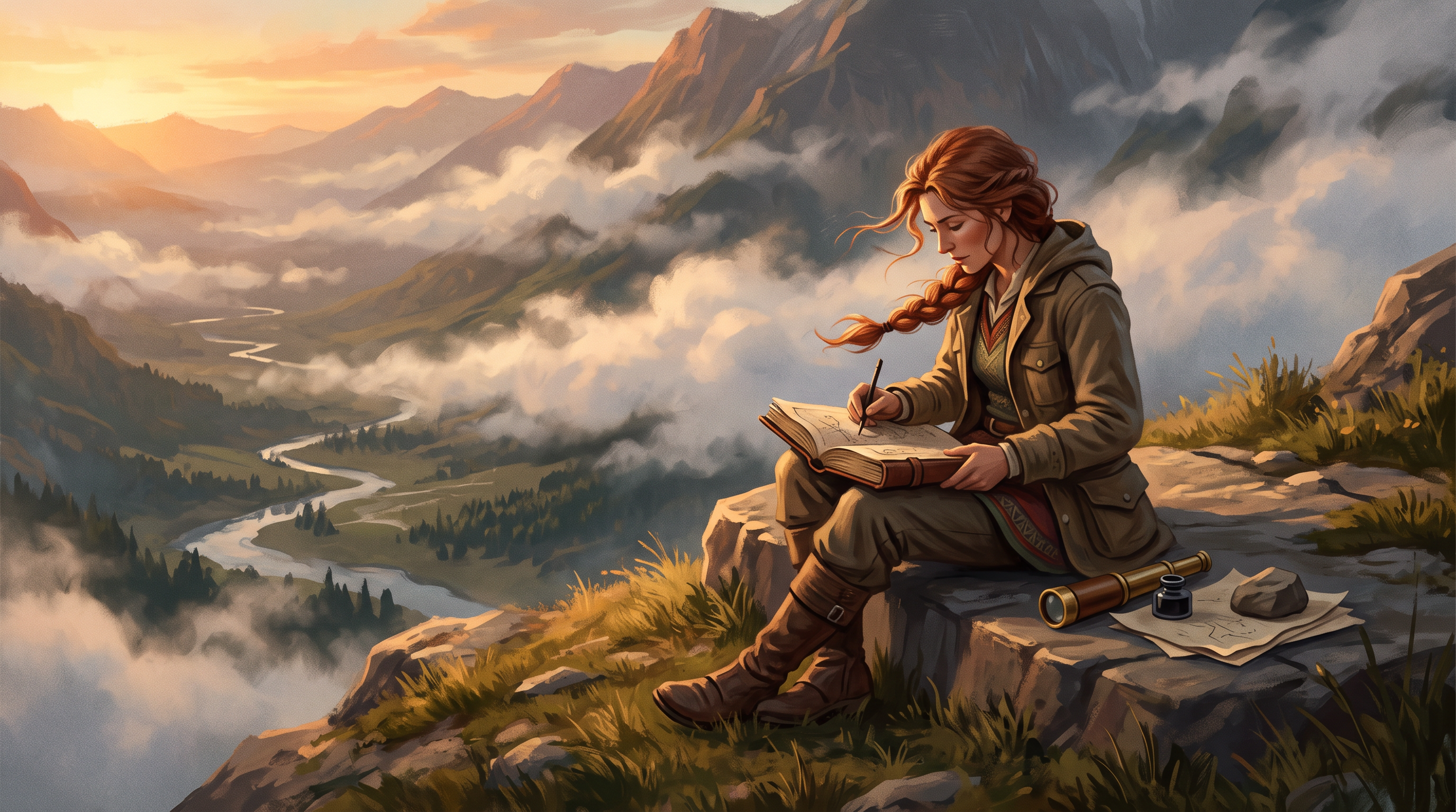 A painterly cartographer with an auburn braid sketches the valley into a map book on a cliffside at sunrise