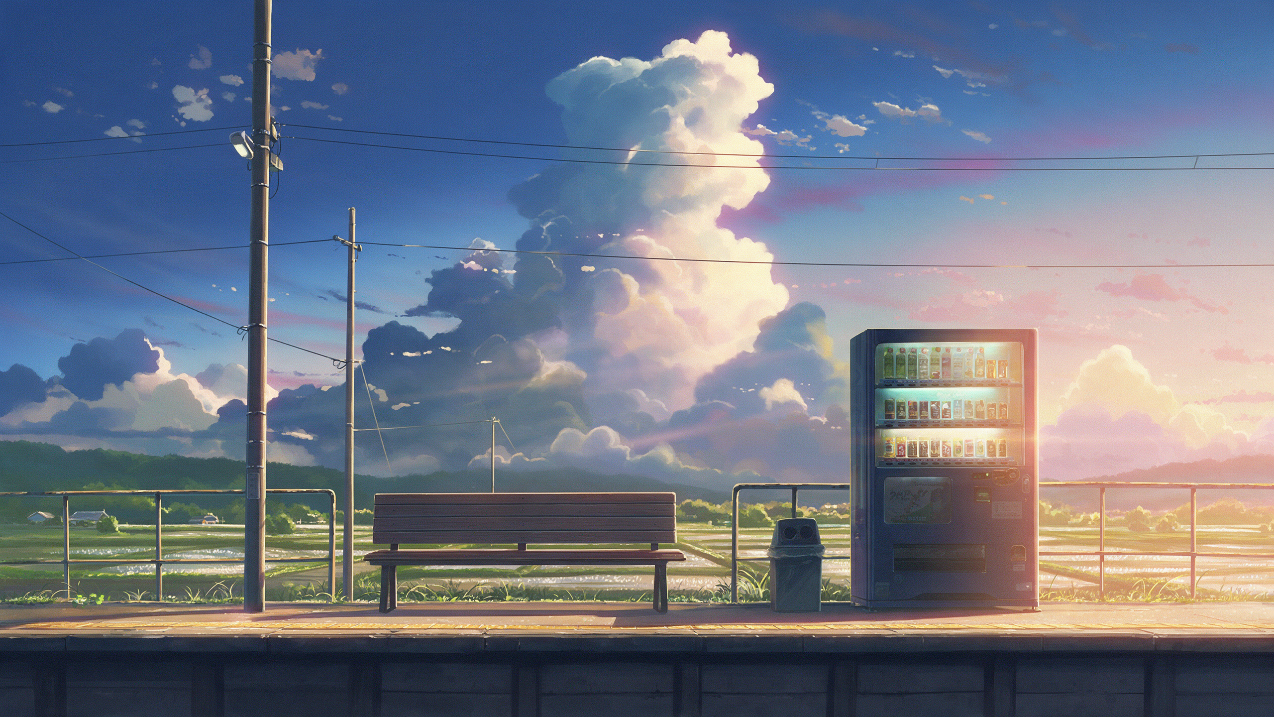 An anime style background of an empty countryside train platform with a bench and a glowing vending machine under summer clouds